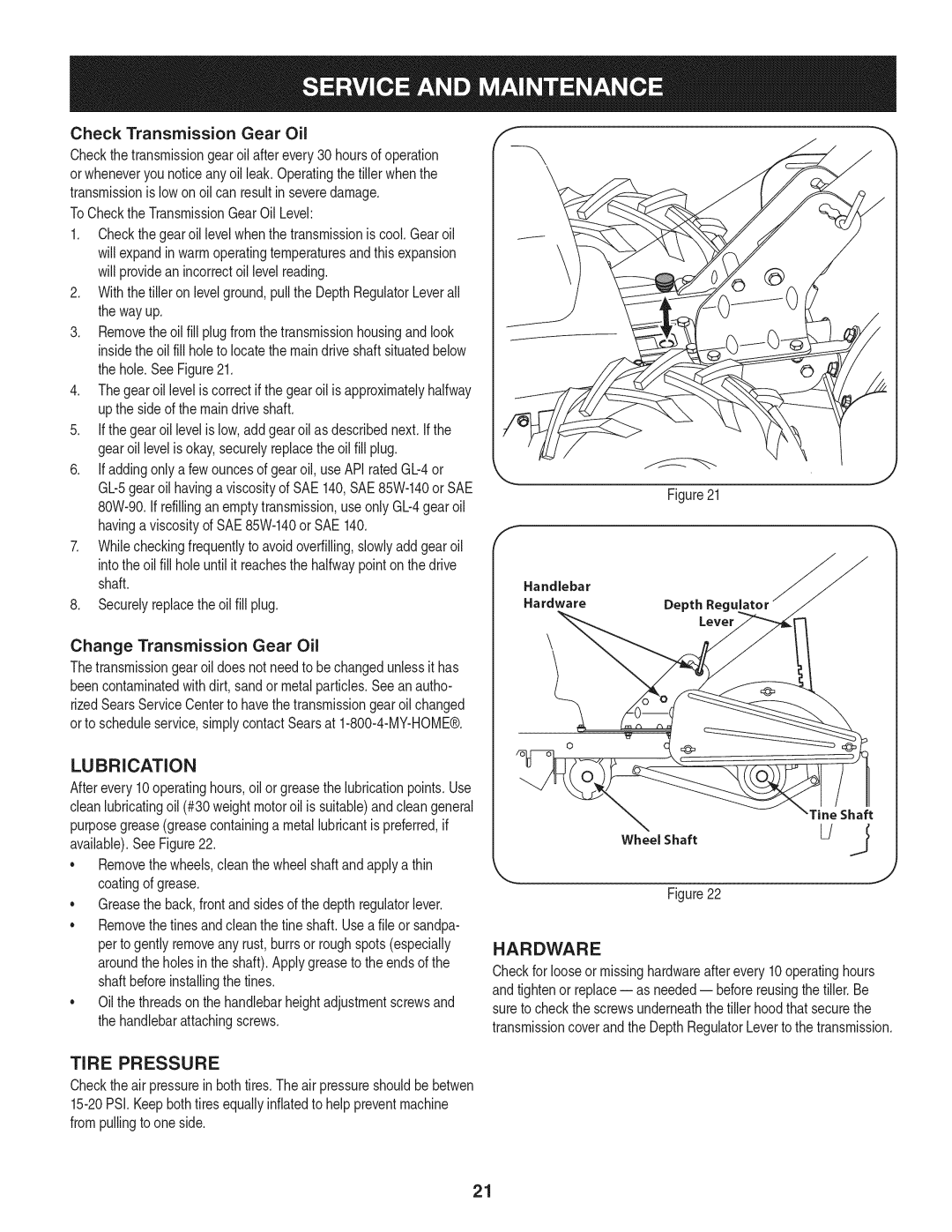 Craftsman 247.29931 manual Lubrication, Tire Pressure, Hardware, Tine Shaft 