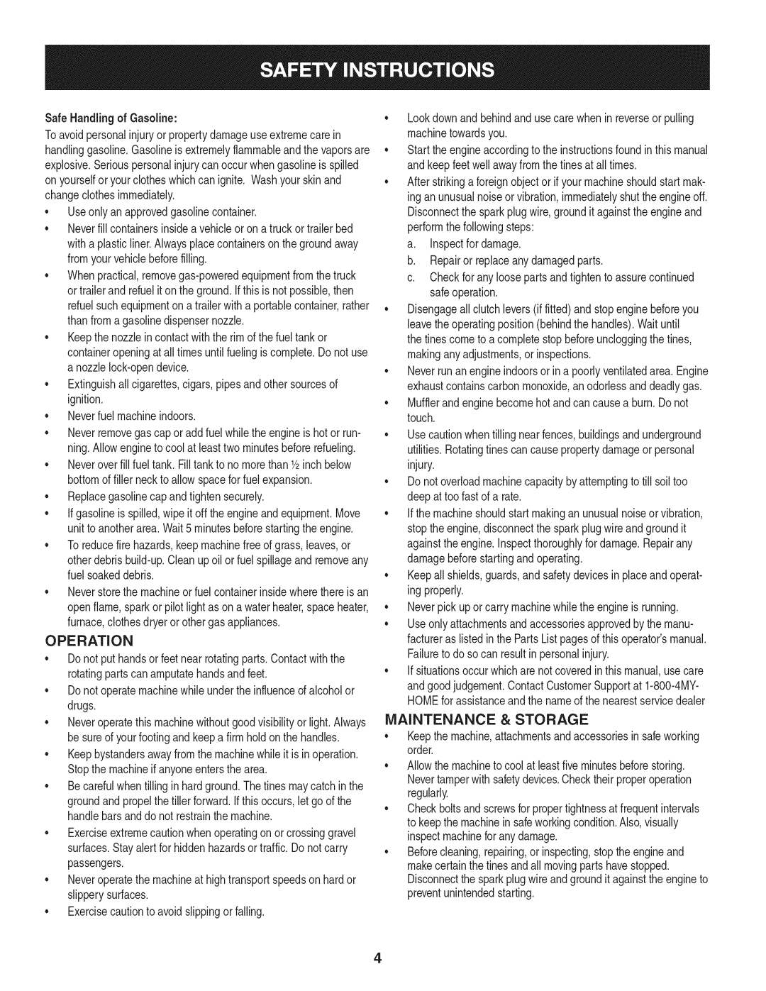 Craftsman 247.29931 manual Operation, Maintenance & Storage, Replacegasolinecapandtightensecurely 