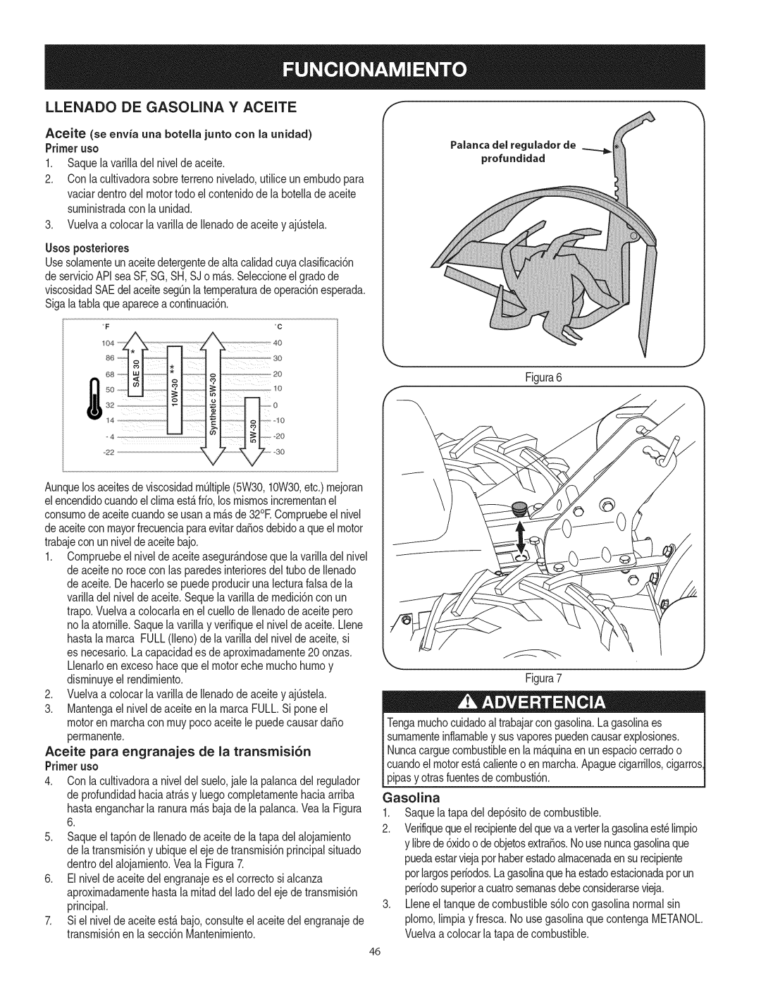 Craftsman 247.29931 manual Llenado DE Gasolina Y Aceite, Aceite se envia una botella junto con la unidad Primeruso 