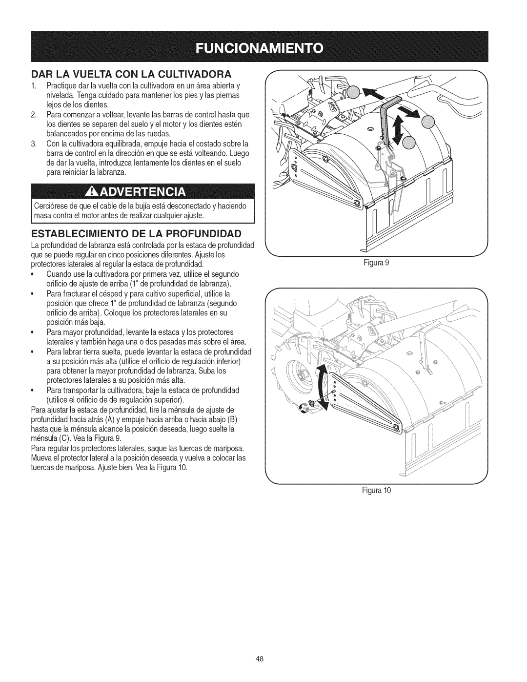 Craftsman 247.29931 manual DAR LA Vuelta CON LA Cultivadora, Establecimiento DE LA Profundidad 