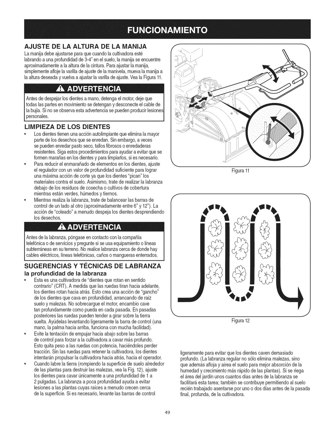 Craftsman 247.29931 manual Ajuste DE LA Altura DE LA Manija, Limpieza DE LOS Dientes, La profundidad de la labranza 