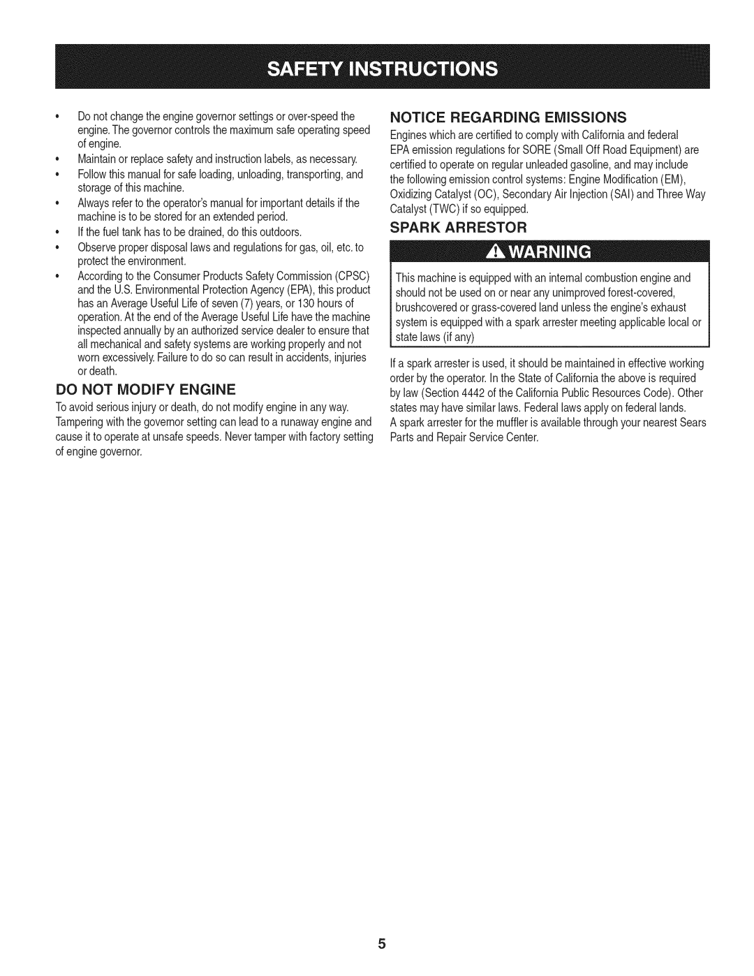 Craftsman 247.29931 manual Do not Modify Engine, Spark Arrestor 