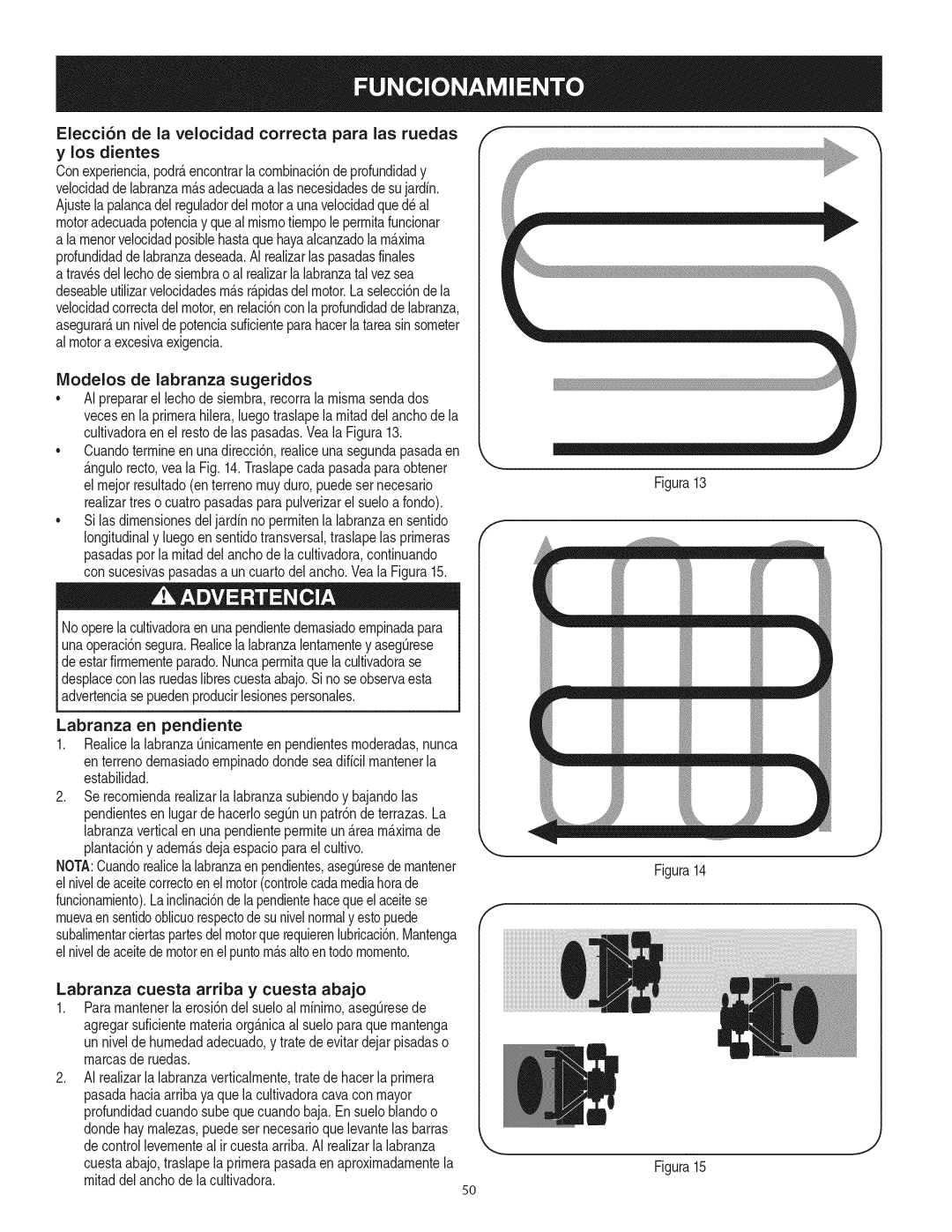 Craftsman 247.29931 manual Elecci6n de la velocidad correcta para las ruedas, Labranza en pendiente 