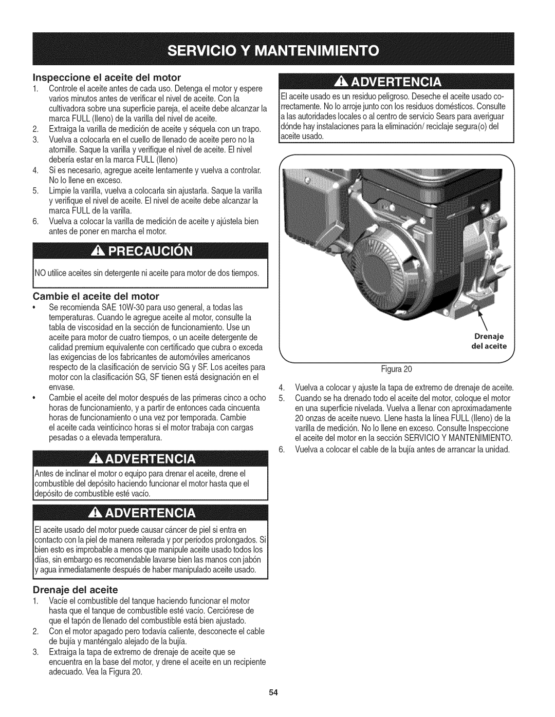 Craftsman 247.29931 manual Inspeccione el aceite del motor, Extraigala varillade rnedici6nde aceitey sequelacon untrapo 