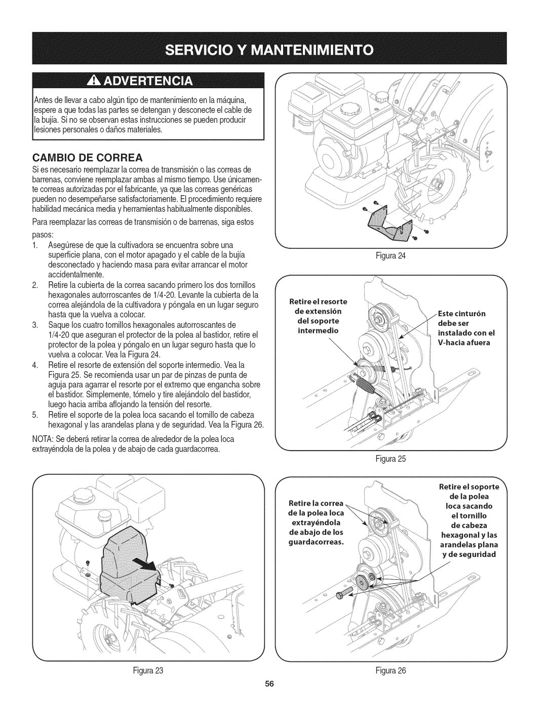 Craftsman 247.29931 manual Canibio DE Correa, Del soporte intermedio, Iota sacando, El tornUlo 