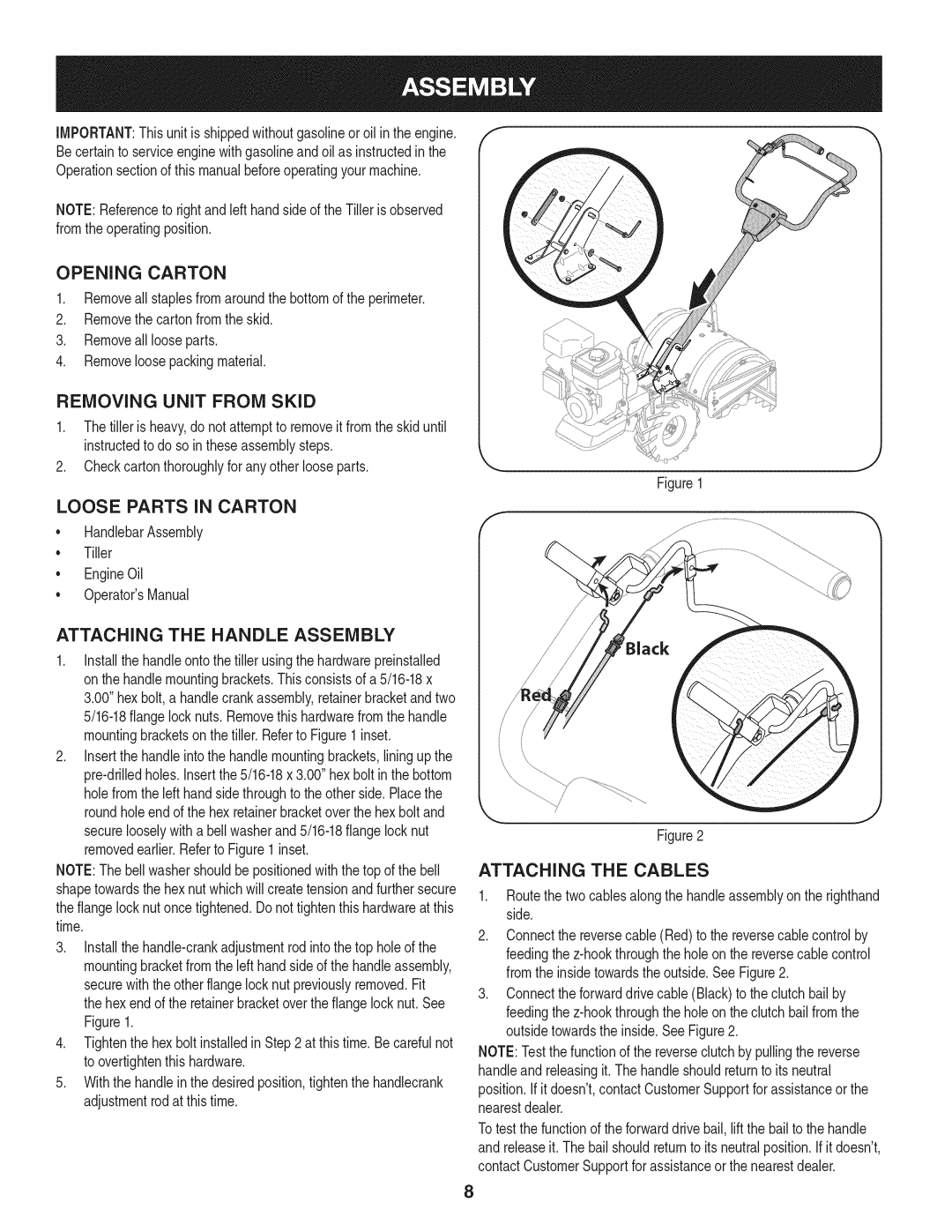 Craftsman 247.29931 manual Opening Carton, Loose Parts in Carton, Attaching the Handle Assembly, Attaching the Cables 