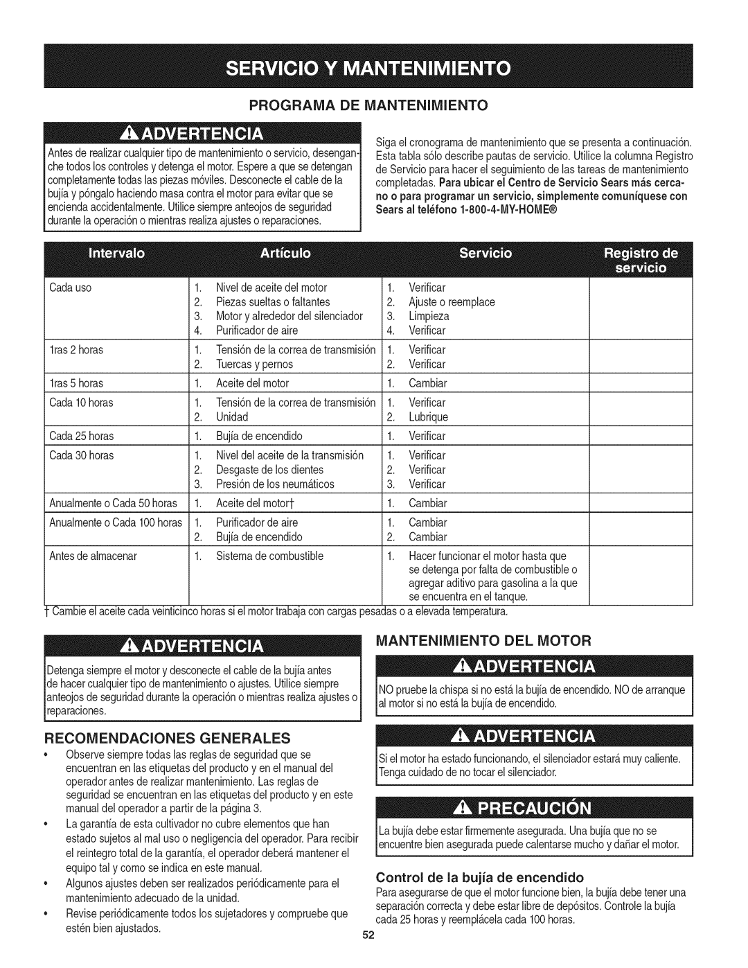 Craftsman 247.29931 manual Programa De Mantenimiento, Mantenimiento Del Motor, Recomendaciones Generales 