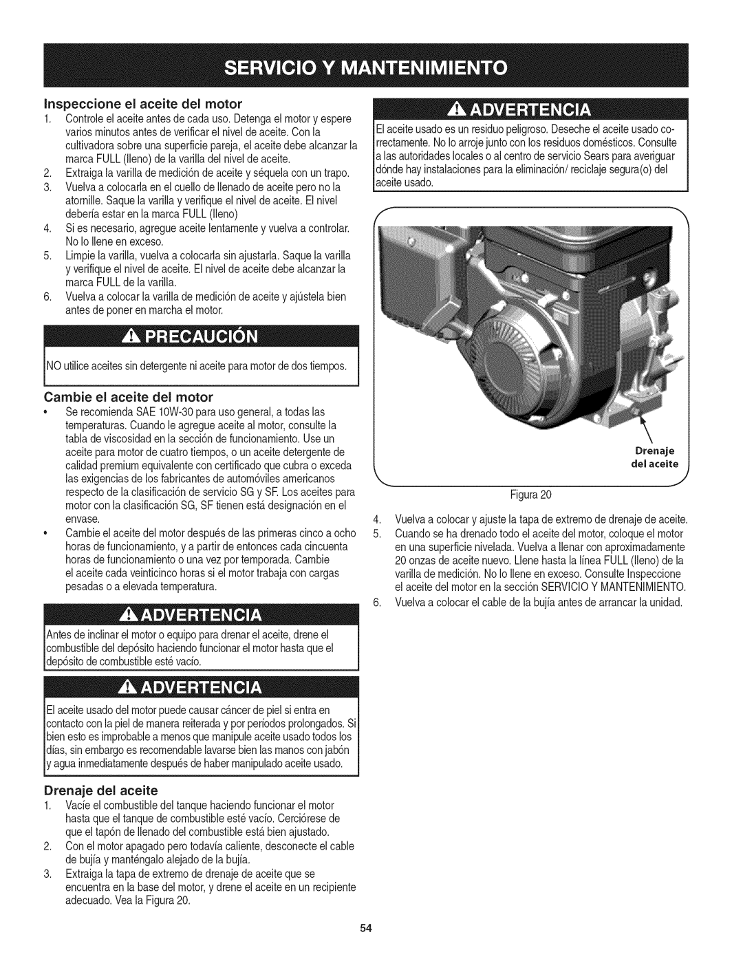 Craftsman 247.29931 manual Inspeccione el aceite del motor 