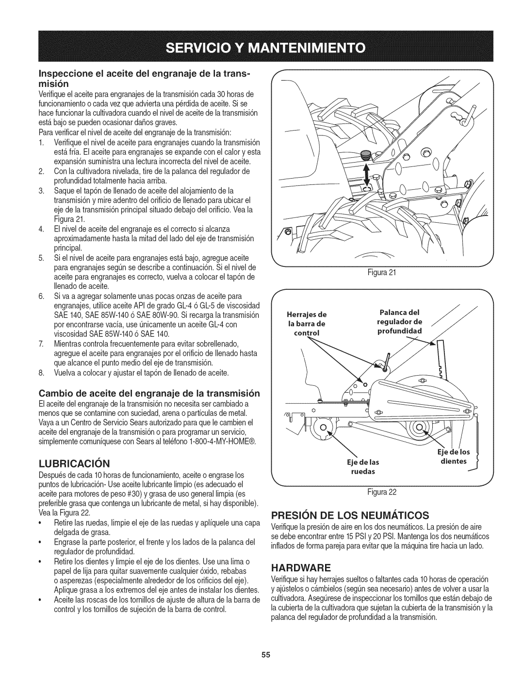 Craftsman 247.29931 manual LUBRICACI6N, PRESlON DE LOS NEUiVl/_.TICOS, Hardware 