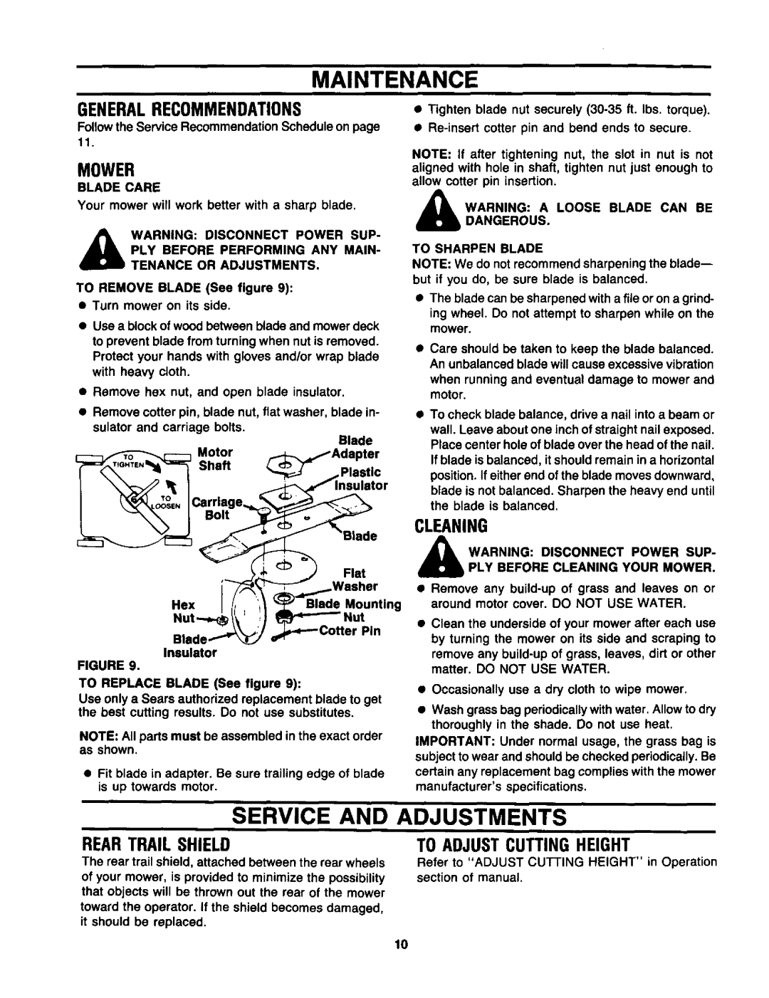 Craftsman 247.370320 owner manual Maintenance, Service and Adjustments 