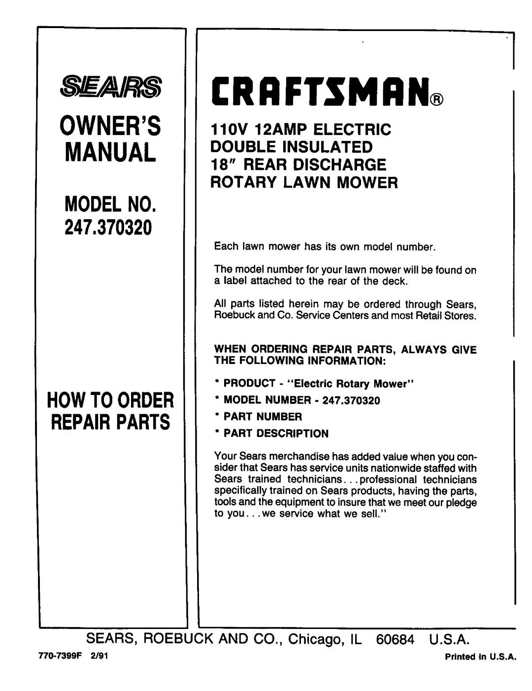 Craftsman 247.370320 owner manual Rrftsmrn, 770-7399F 2191 