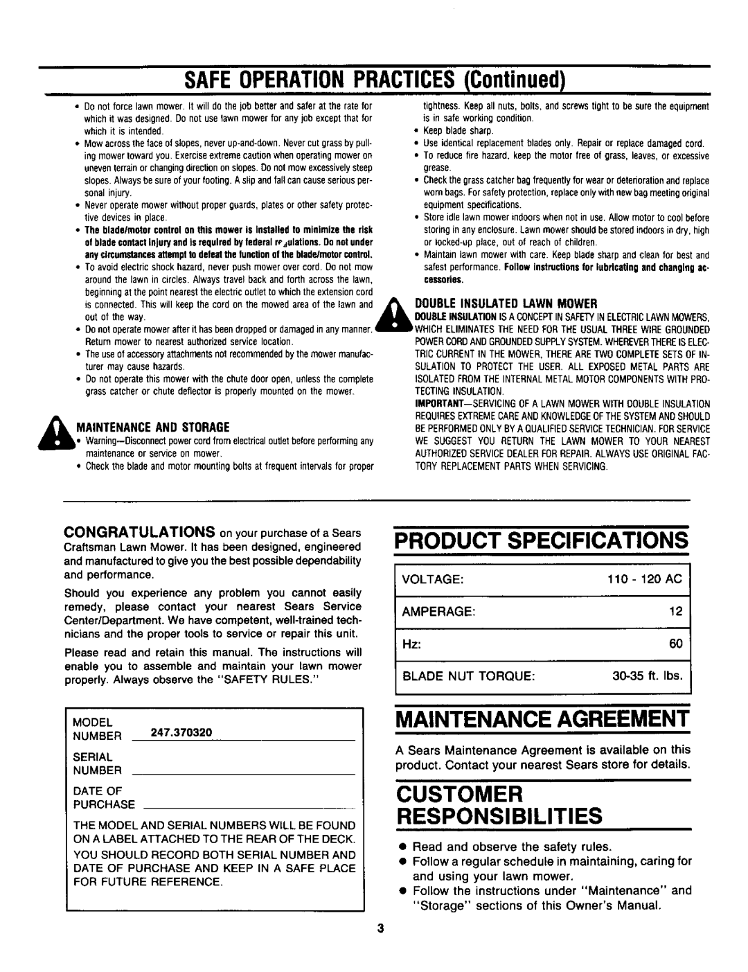 Craftsman 247.370320 Maintenance Agreement, Product Specifications, Customer Responsibilities, Maintenanceand Storage 