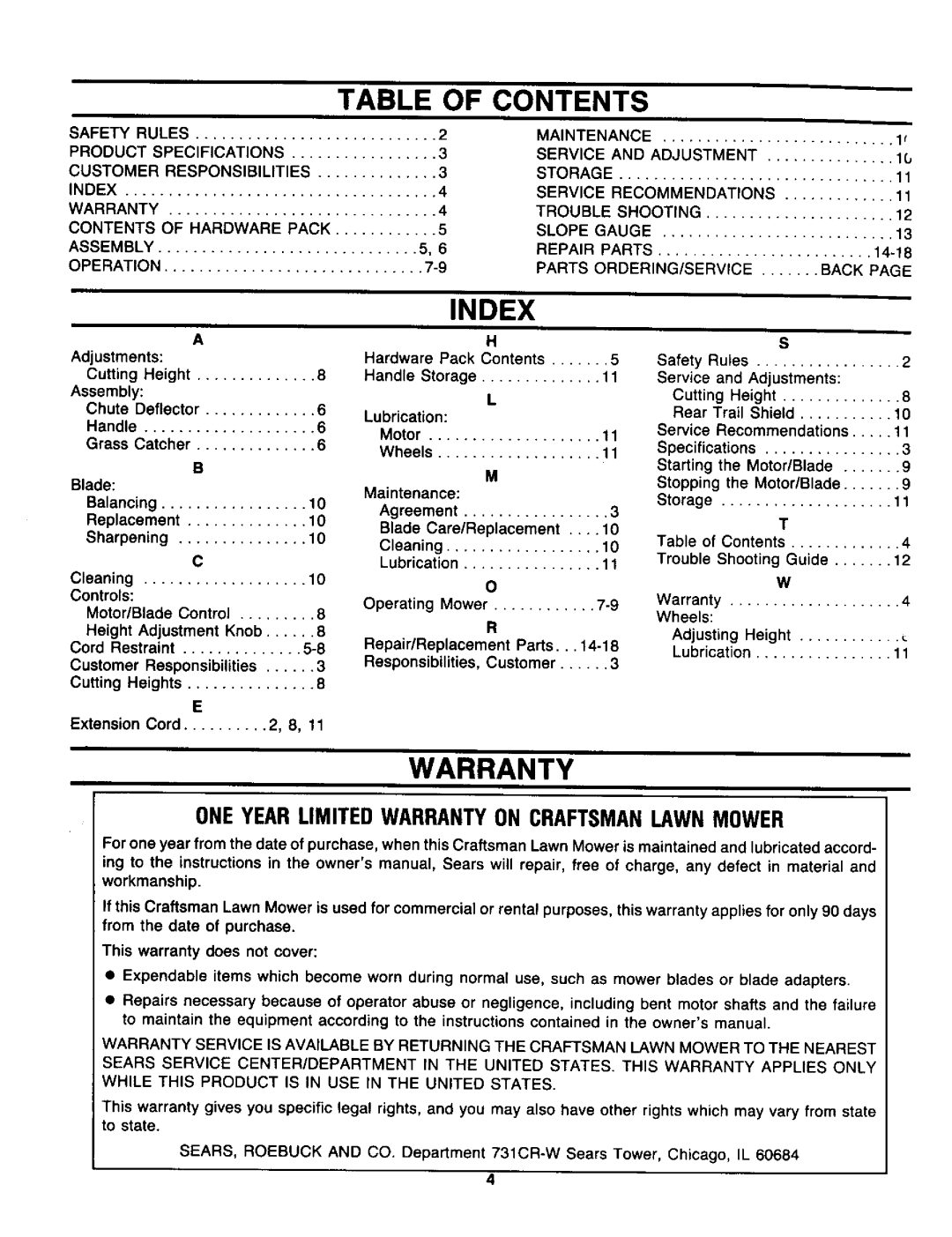 Craftsman 247.370320 owner manual Warranty, Table of Contents, Index 