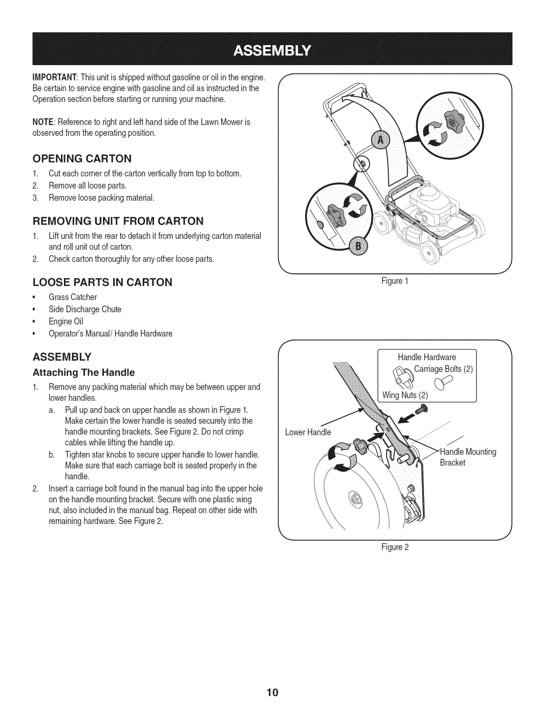 Craftsman 247.37683 manual Opening Carton, Removing Unit from Carton, Loose Parts in Carton, Assembly, Attaching The Handle 