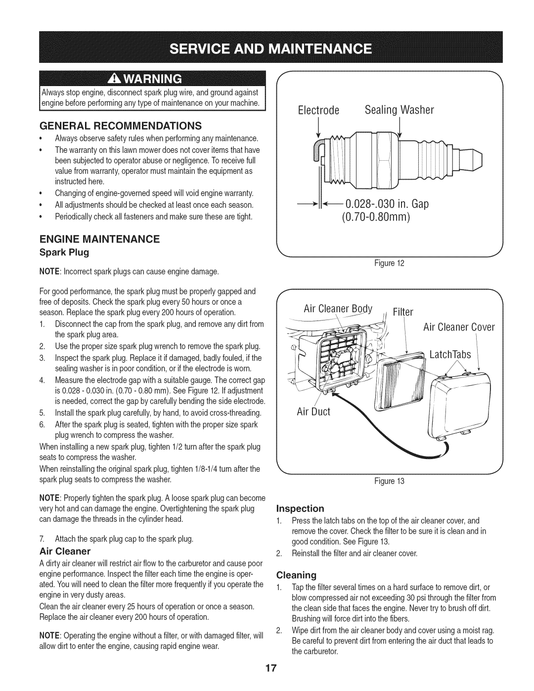 Craftsman 247.37683 General Recommendations, Engine Maintenance, Alwaysobservesafetyruleswhenperformingany maintenance 