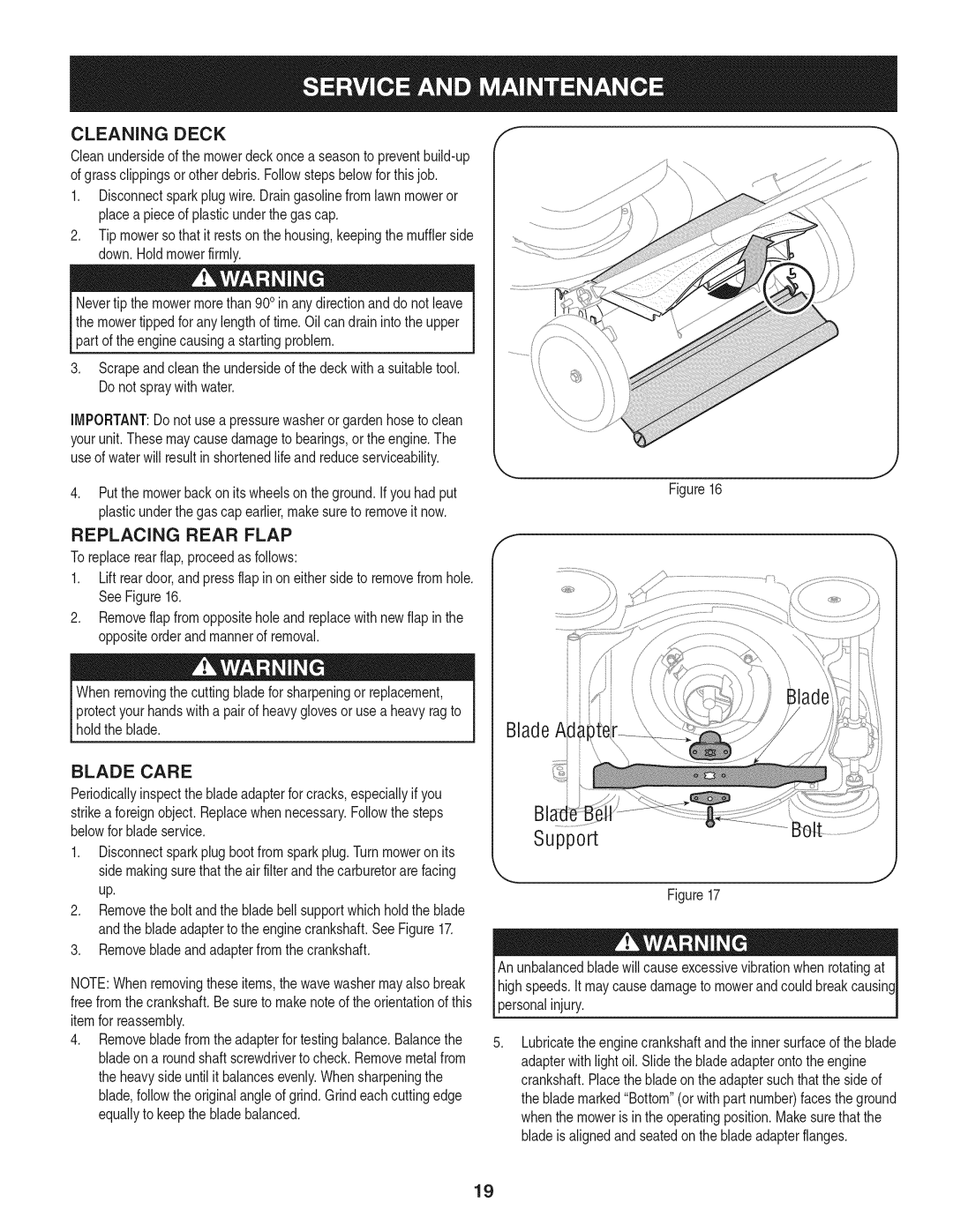 Craftsman 247.37683 manual Replacing Rear Flap, Blade Care, Removebladeandadapterfromthe crankshaft Itemfor reassembly 