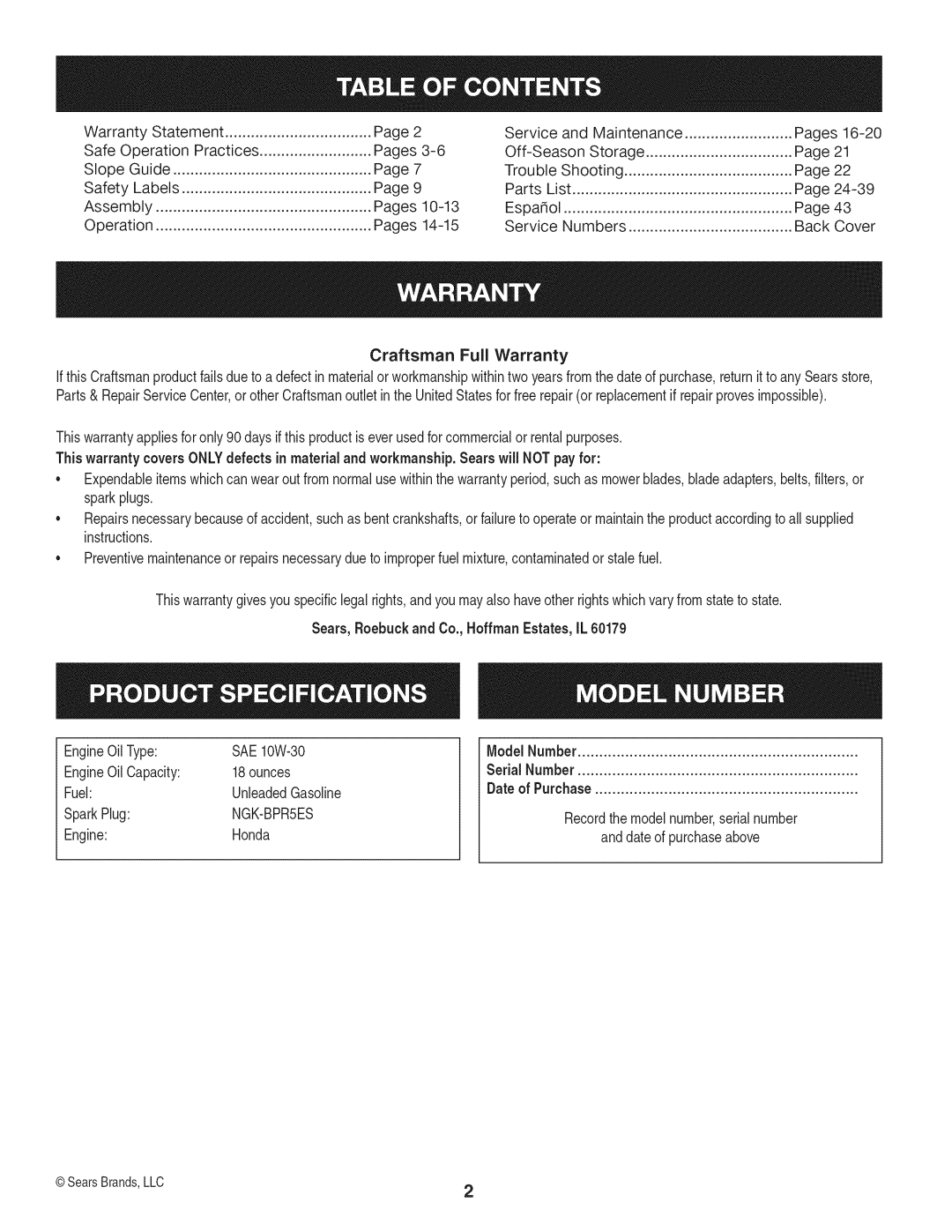 Craftsman 247.37683 manual NGK-BPR5ES, Engine Honda 