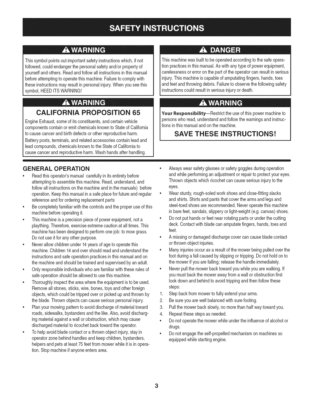 Craftsman 247.37683 manual California Proposition, General Operation 