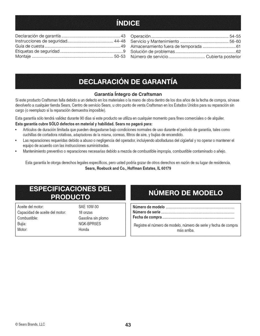 Craftsman 247.37683 Declaraci6n De garantia Instrucciones De seguridad, Guia de cuesta Etiquetas de seguridad Montaje 