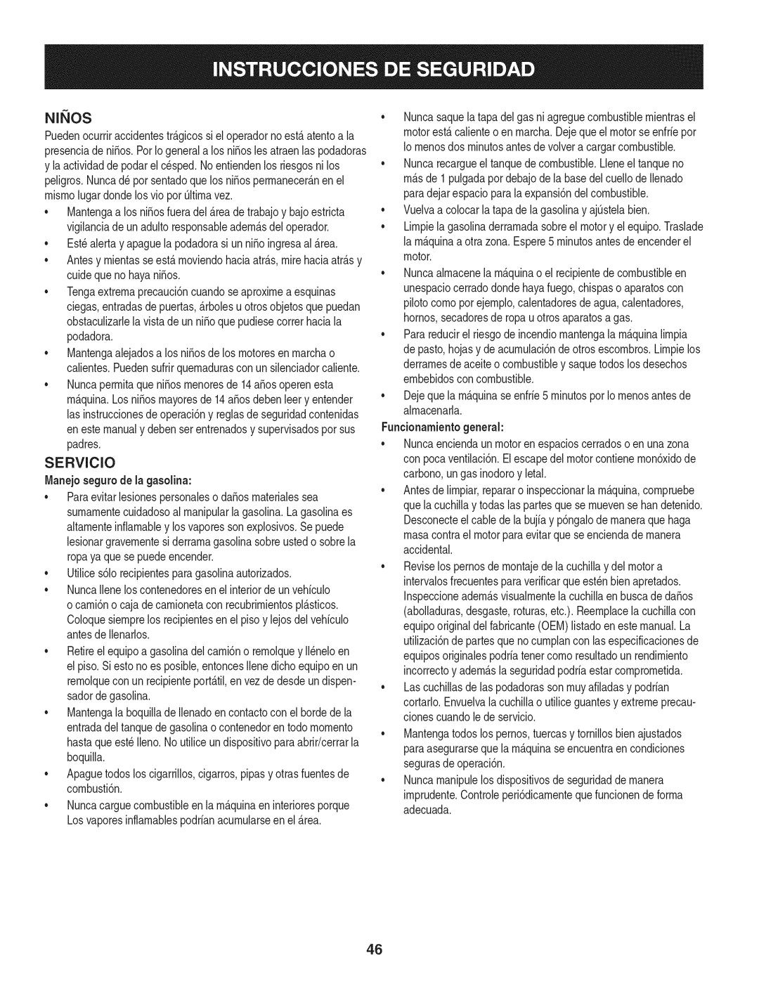 Craftsman 247.37683 Manejo segurode la gasolina, Utilices61orecipientesparagasolinaautorizados, Funcionamientogenerah 