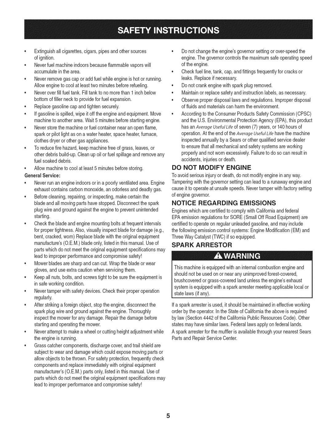 Craftsman 247.37683 manual Do not Modify Engine, Spark Arrestor 