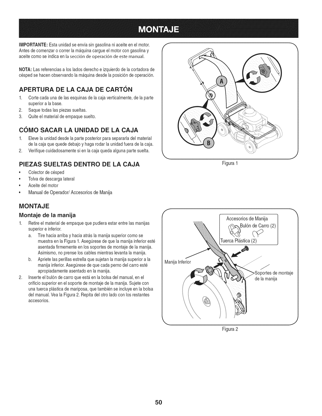 Craftsman 247.37683 Apertura DE LA Caja DE Carton, C61VIO Sacar LA Unidad DE LA Caja, Piezas Sueltas Dentro DE LA Caja 