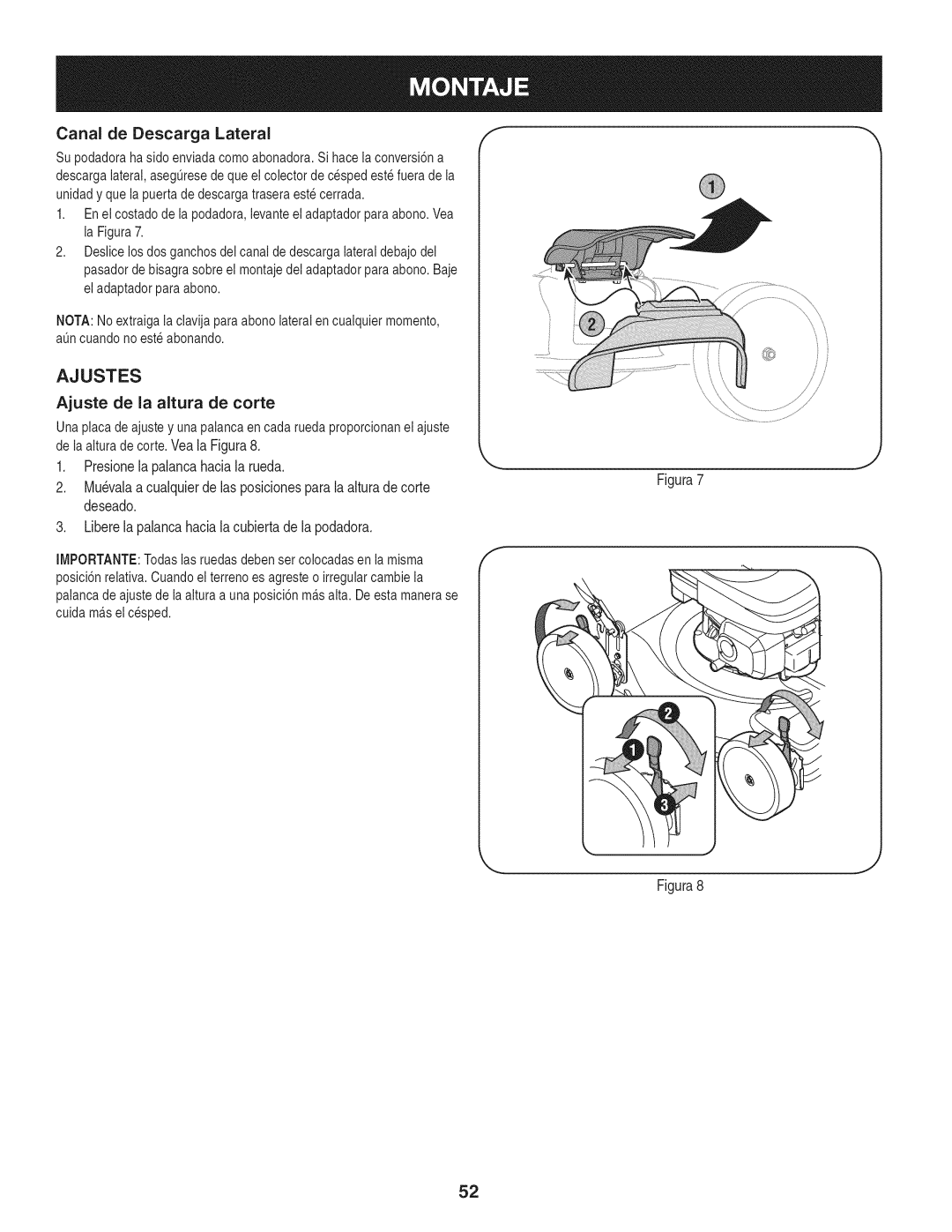 Craftsman 247.37683 manual Ajustes, Canal de Descarga, Ajuste de la altura de corte 