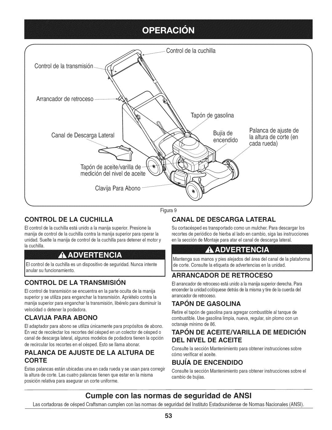 Craftsman 247.37683 manual Canal DE Descarga Lateral, Palanca DE Ajuste DE LA Altura DE, DEL Nivel DE Aceite 