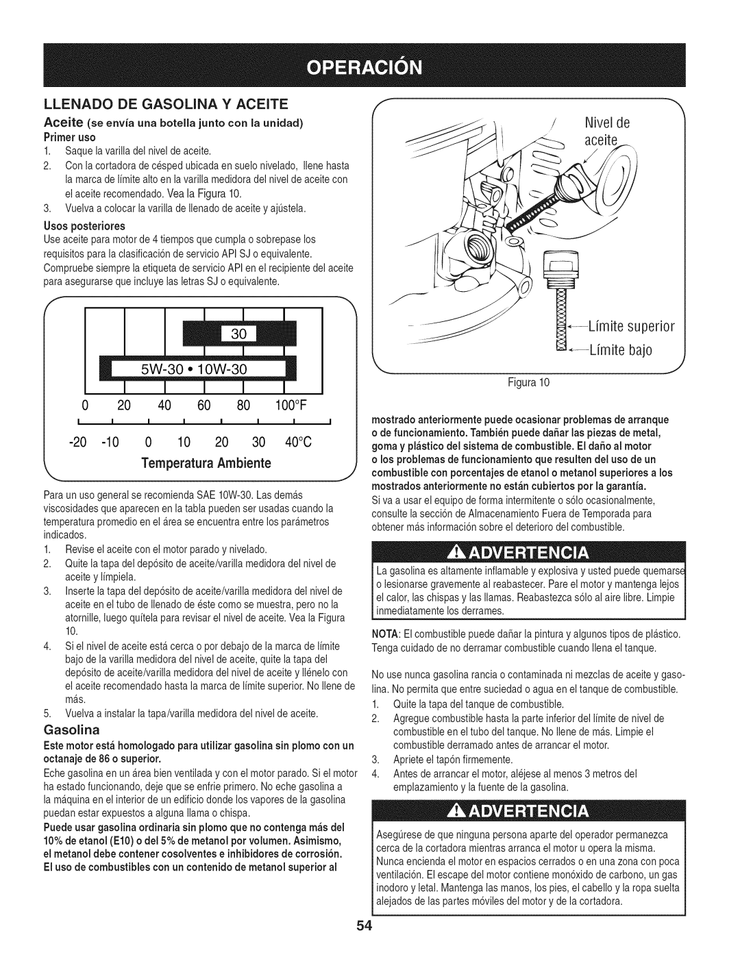 Craftsman 247.37683 manual Llenado DE Gasouna Y Aceite, Gasolina 