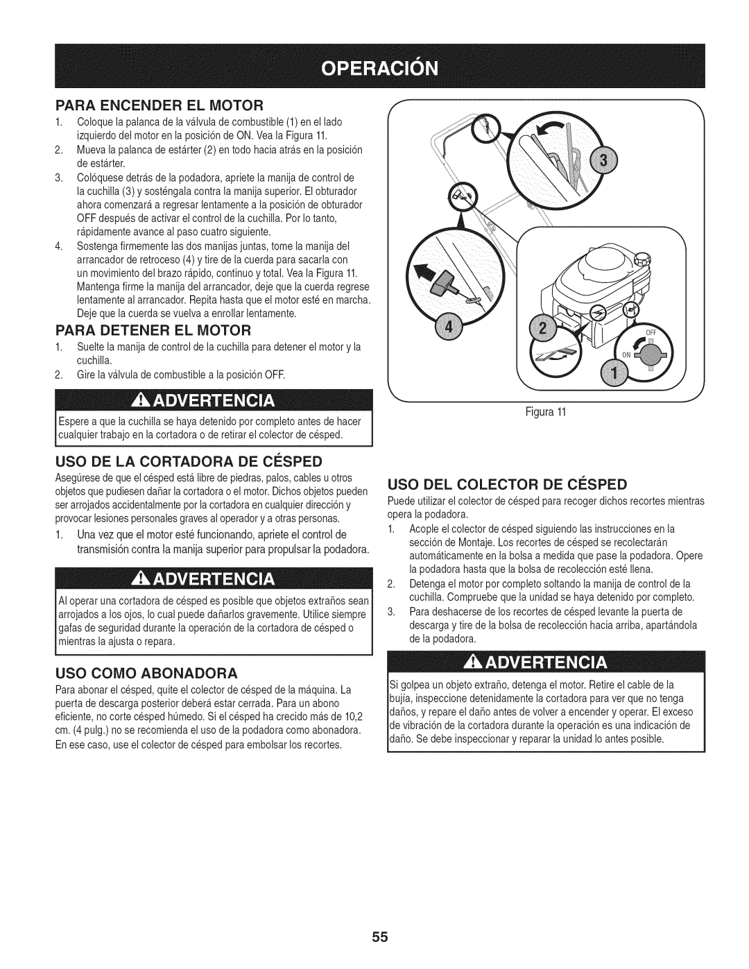 Craftsman 247.37683 manual Para Encender EL Motor, Para Detener EL Motor, USO Coivio Abonadora 