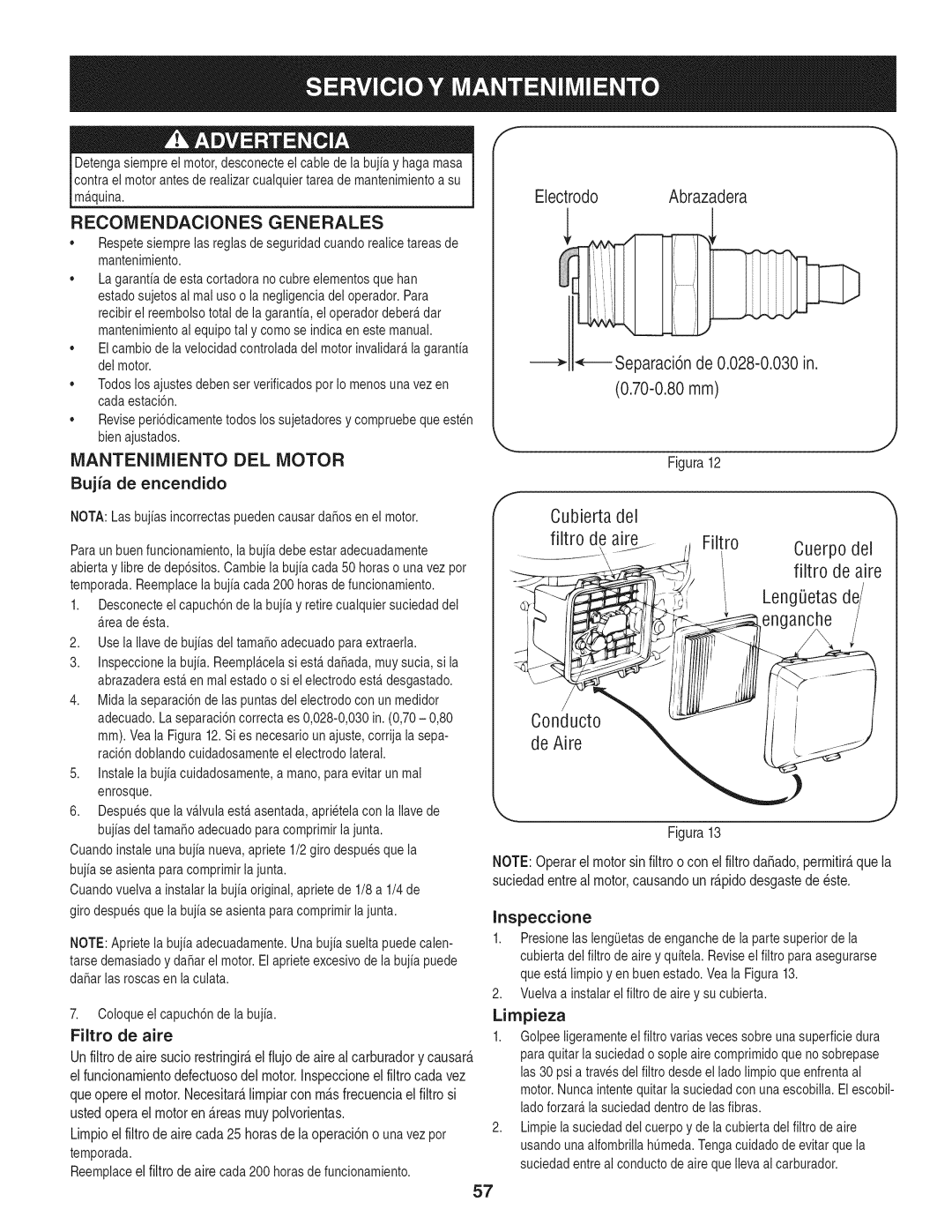 Craftsman 247.37683 manual Reconiendaciones Generales, Mantenimiento DEL Motor, Filtro de aire, Inspeccione, Lirnpieza 