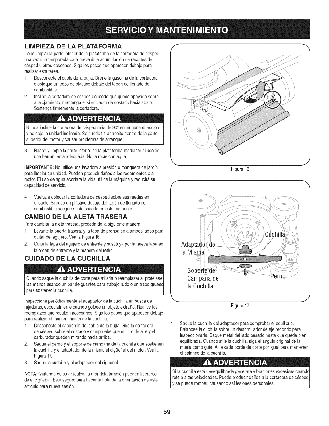 Craftsman 247.37683 manual Caivibio DE LA Aleta Trasera, Cuidado DE LA Cuchilla 