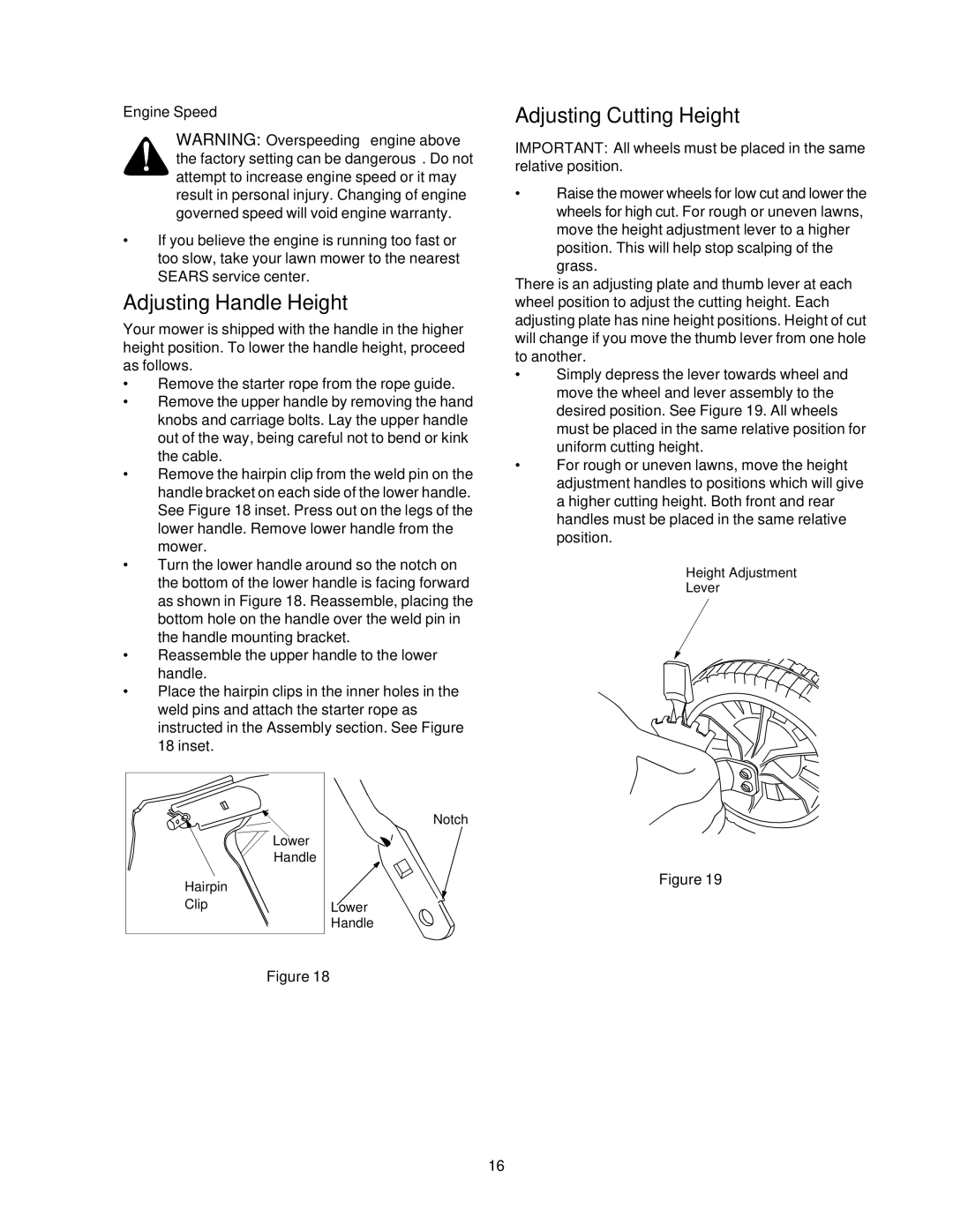 Craftsman 247.38824 owner manual Adjusting Handle Height, Adjusting Cutting Height, Engine Speed 