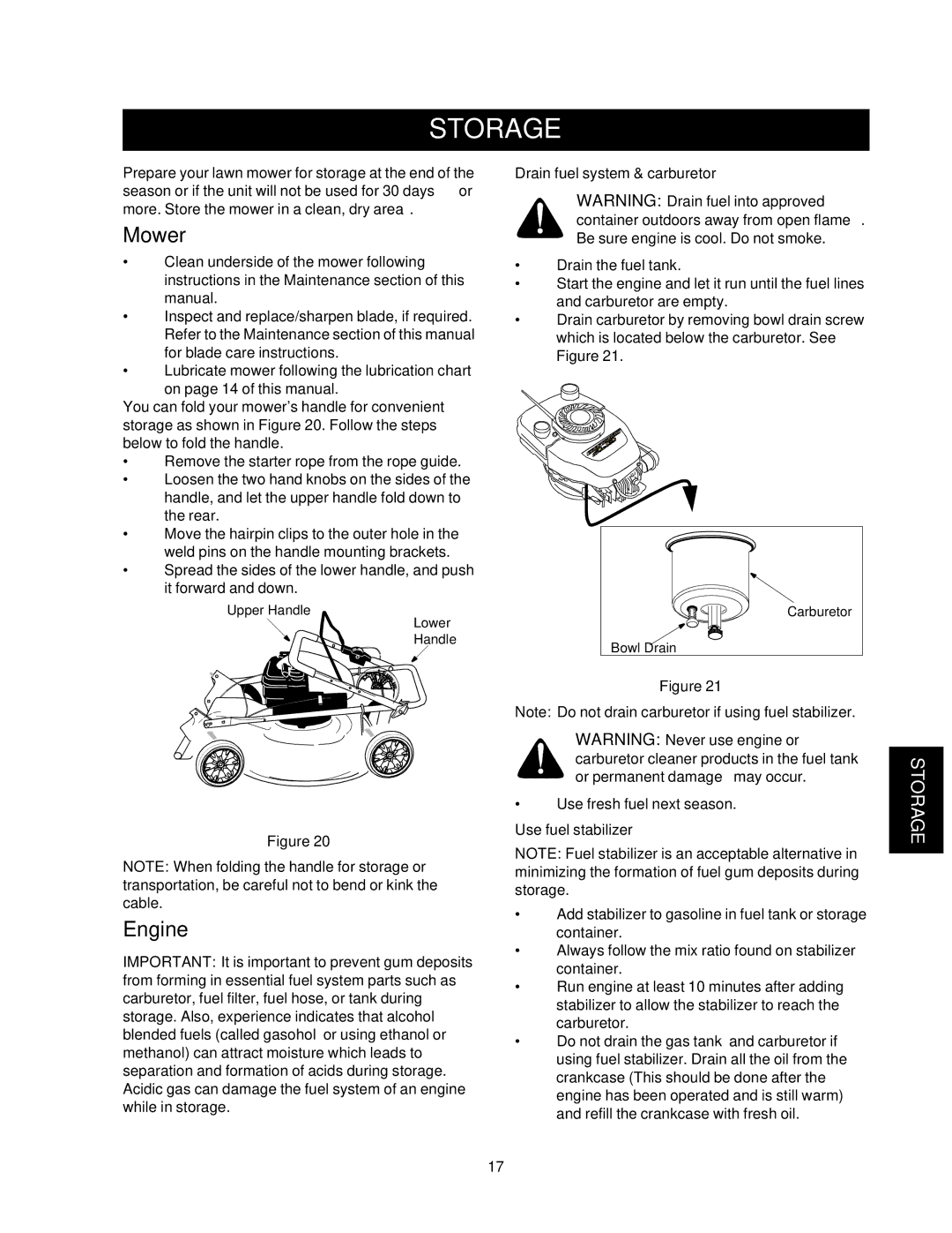 Craftsman 247.38824 owner manual Storage, Mower, Engine, Drain fuel system & carburetor, Use fuel stabilizer 