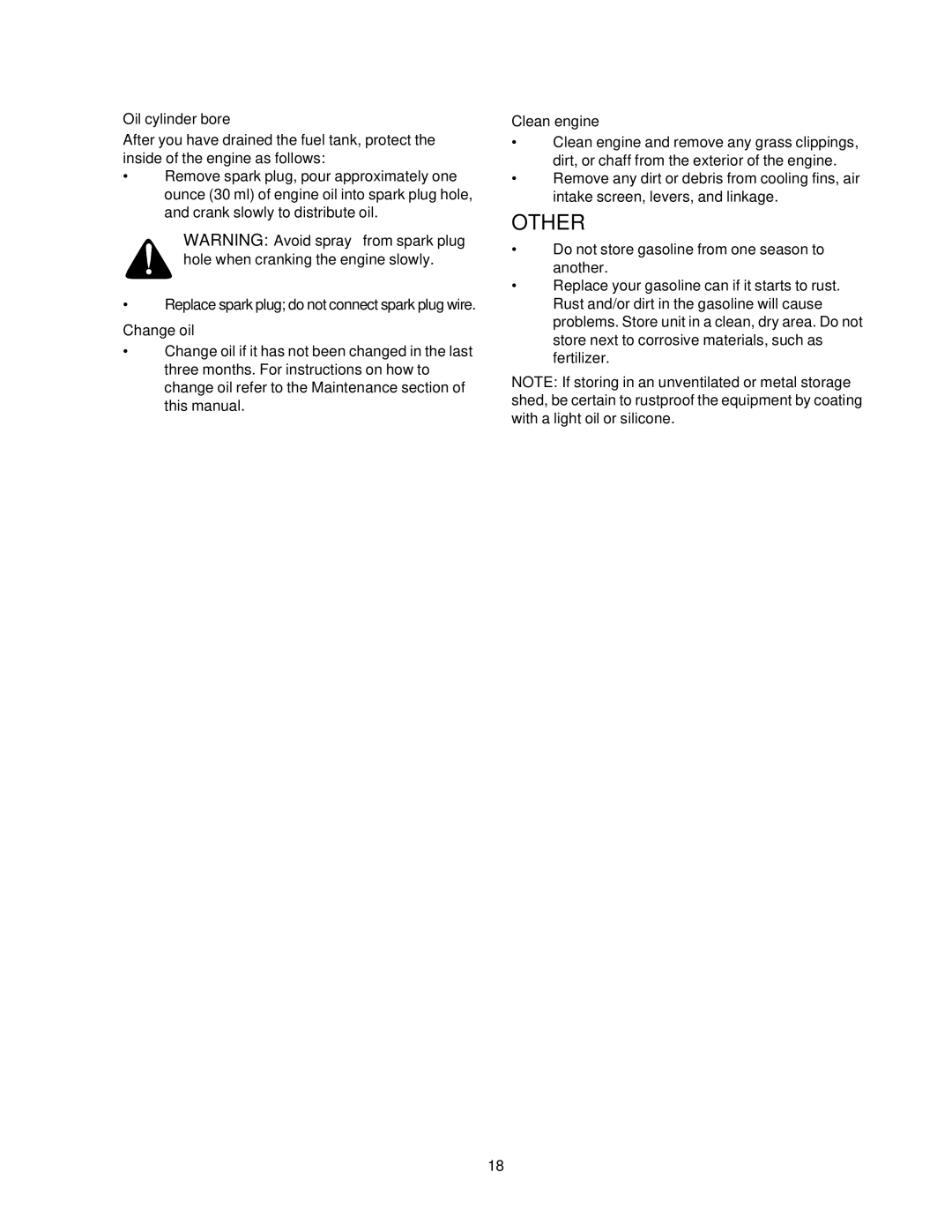 Craftsman 247.38824 owner manual Oil cylinder bore, Change oil 