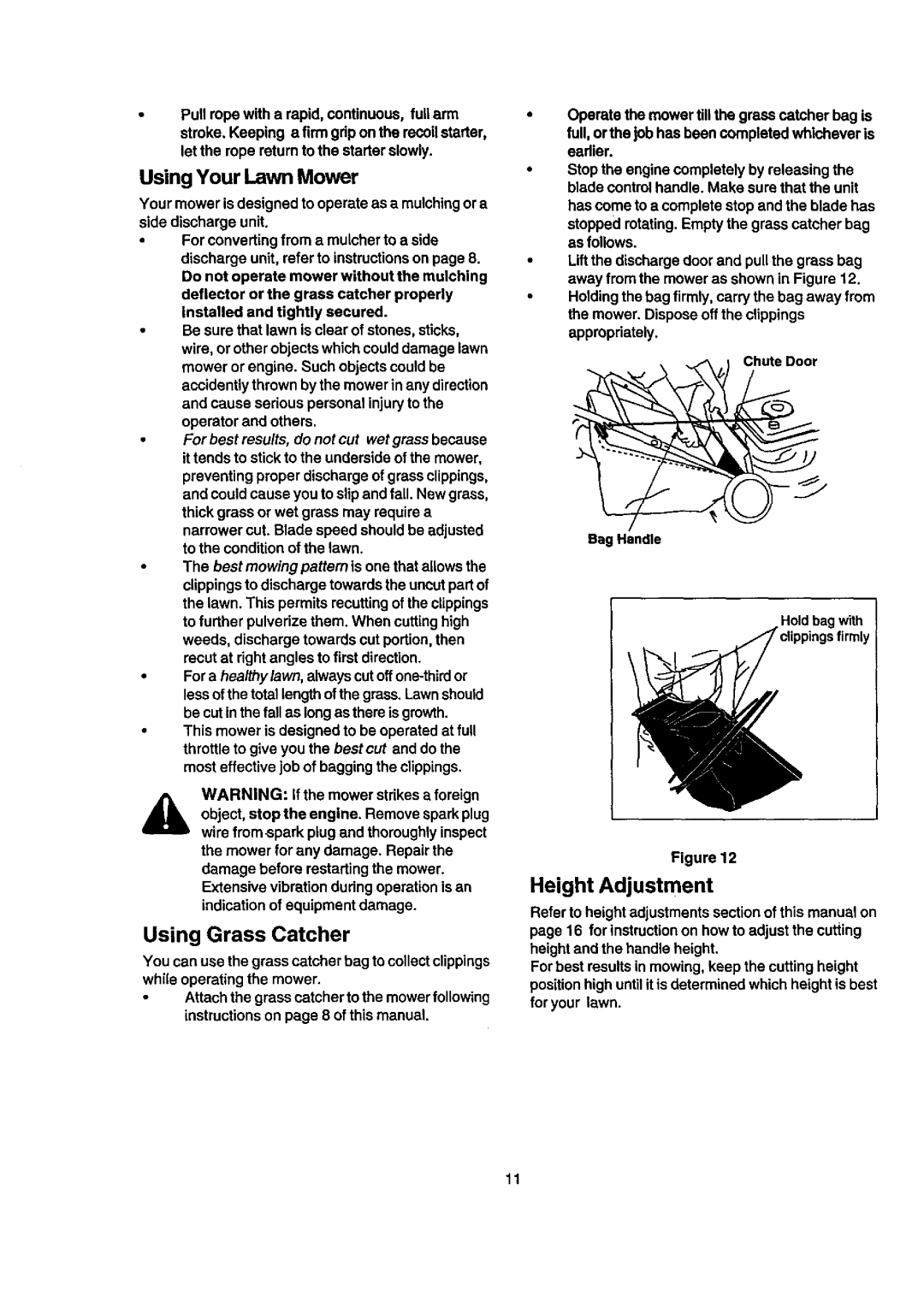 Craftsman 247.388240 owner manual Using Your Lawn Mower, Using Grass Catcher, Height Adjustment 