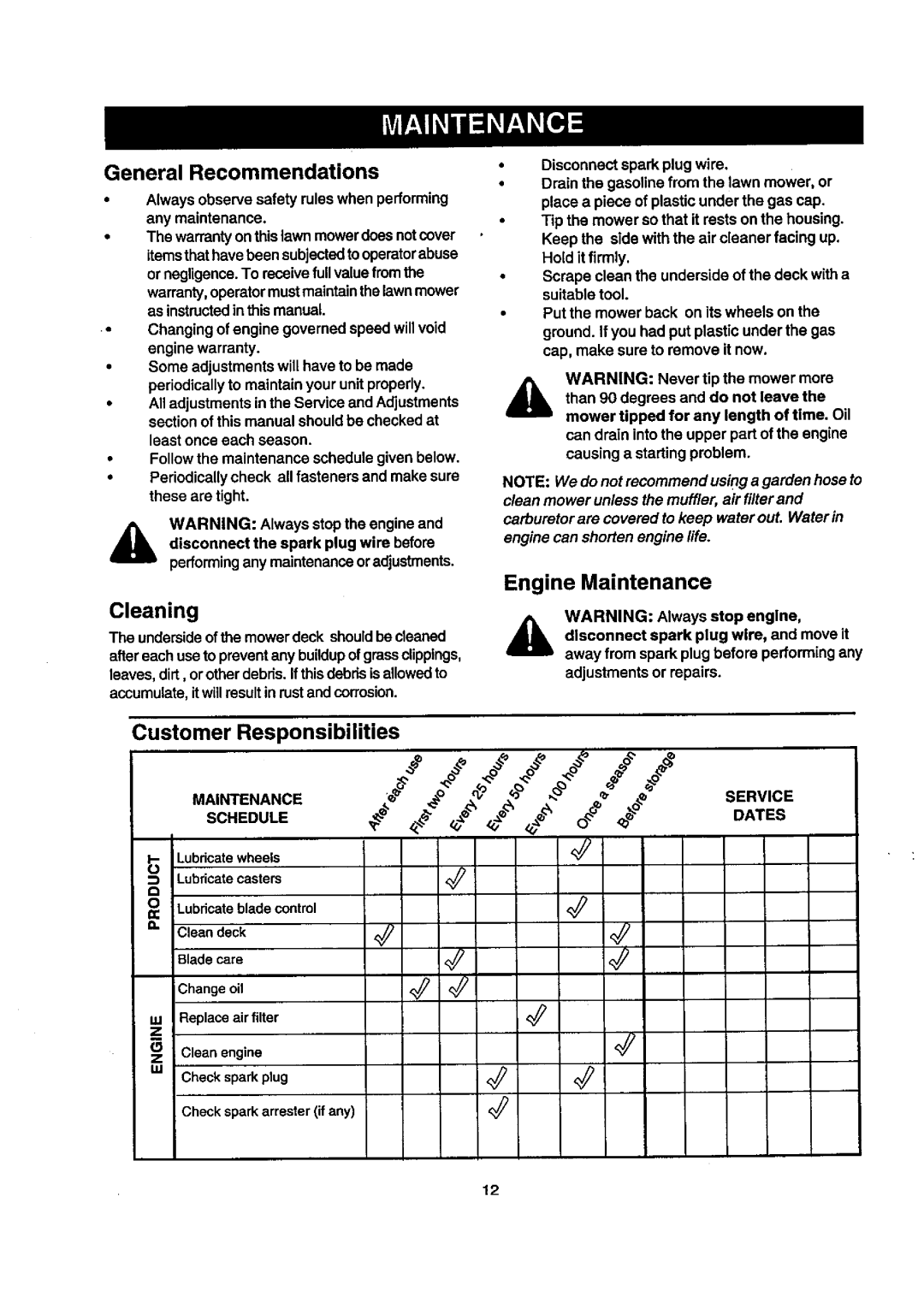 Craftsman 247.388240 owner manual General Recommendations, Cleaning, Engine Maintenance, Ustomer Responsibilities 