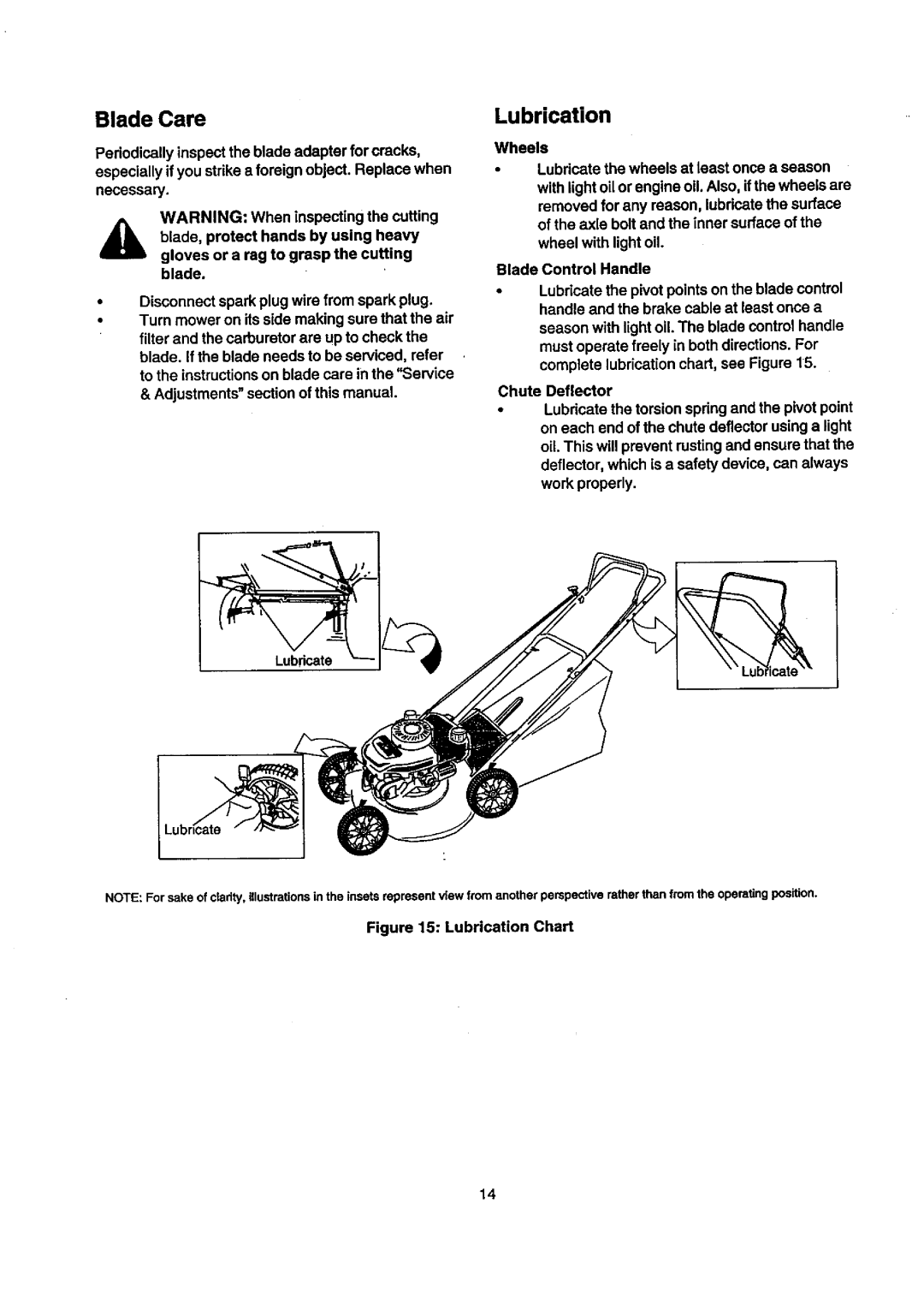 Craftsman 247.388240 owner manual Blade Care, Lubrication 