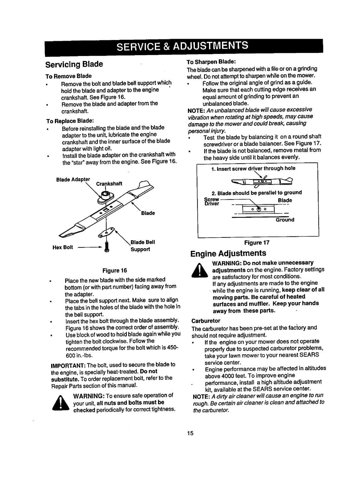 Craftsman 247.388240 owner manual Servicing Blade, Engine Adjustments 