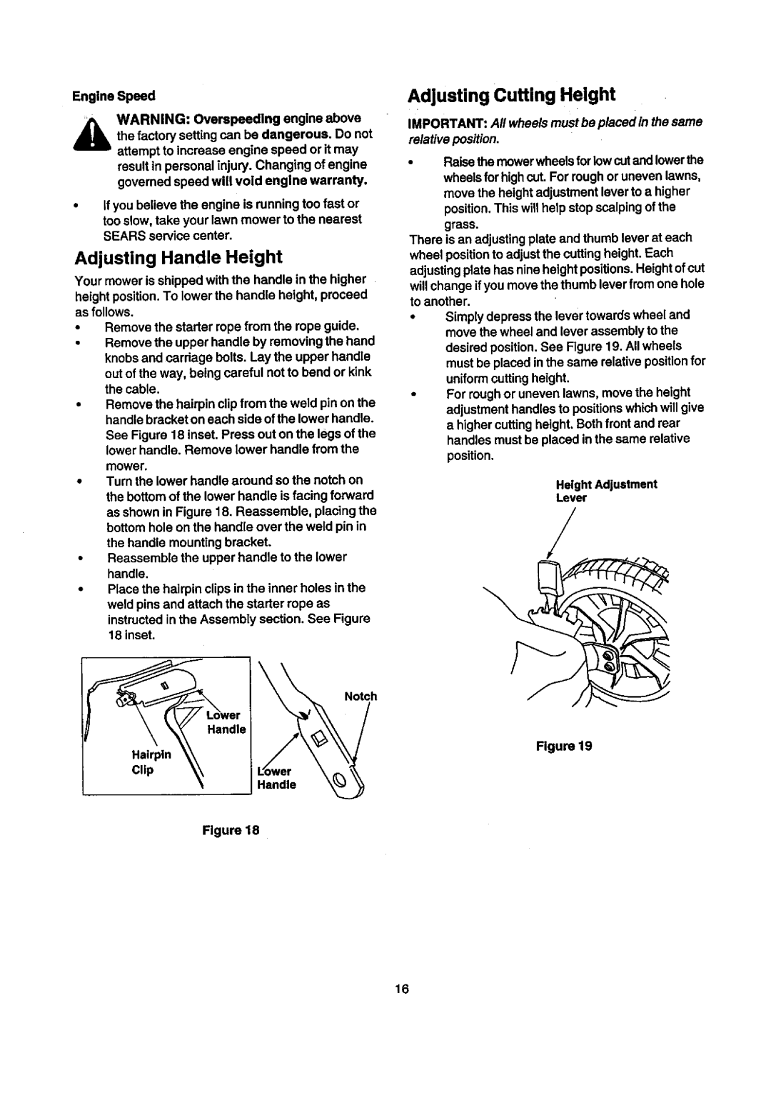 Craftsman 247.388240 owner manual Adjusting Handle Height, Adjusting Cutting Height 