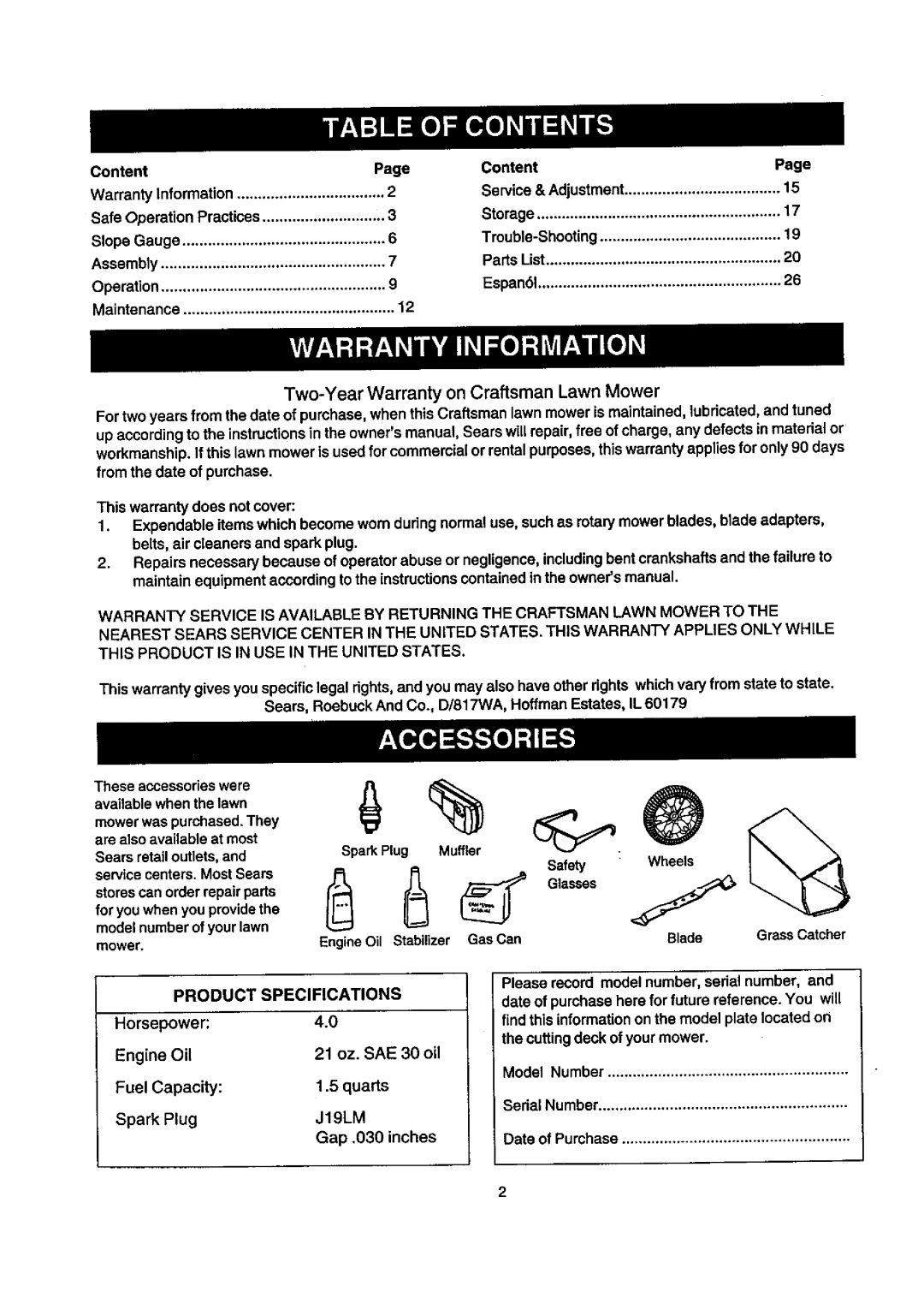 Craftsman 247.388240 owner manual Product Specifications 