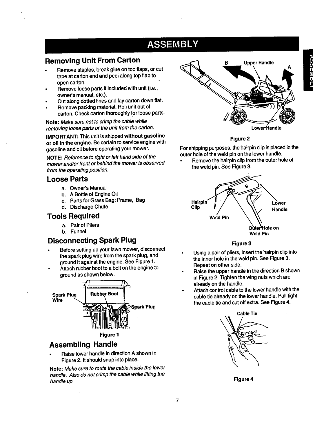 Craftsman 247.388240 owner manual Removing Unit From Carton, Loose Pads, Disconnecting Spark Plug, Assembling Handle 