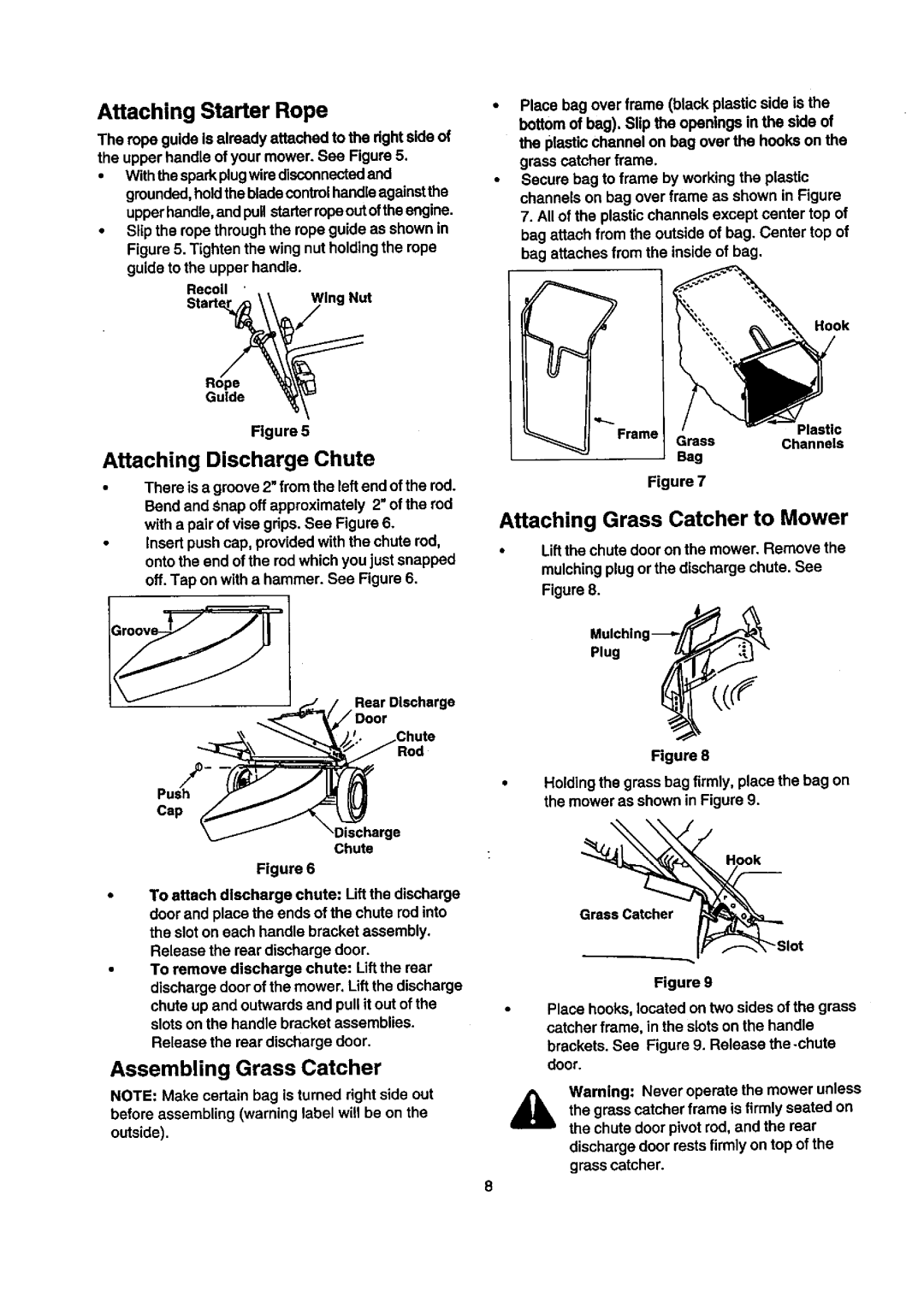 Craftsman 247.388240 owner manual Attaching Starter Rope, Attaching Discharge Chute, Assembling Grass Catcher 