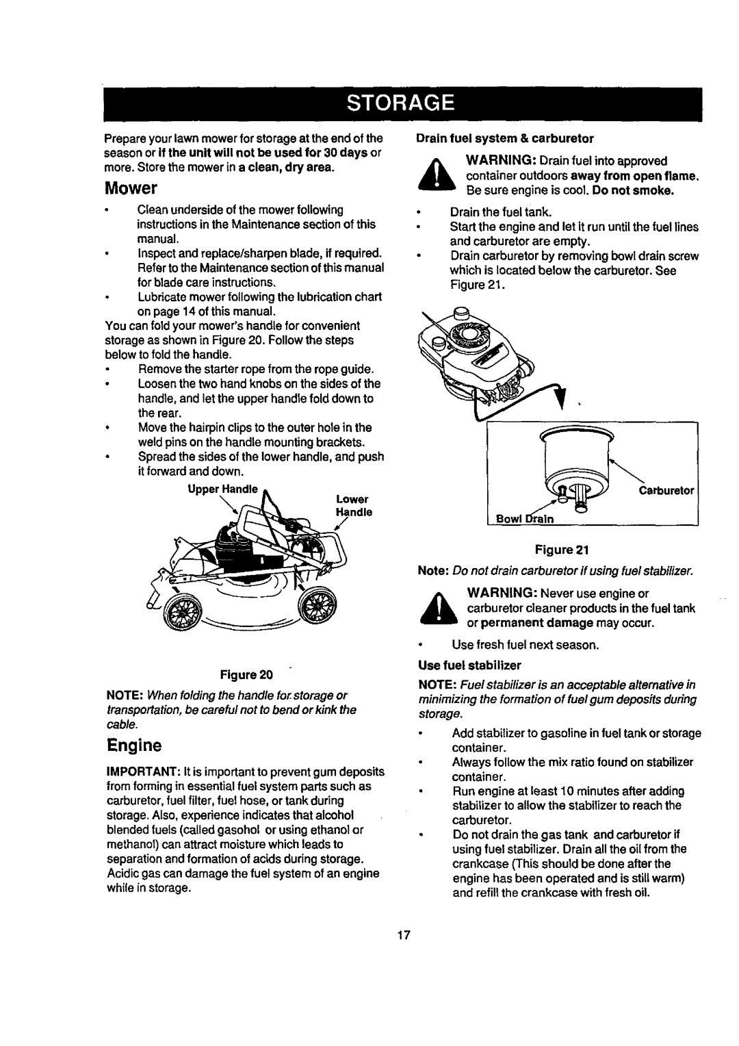 Craftsman 247.388240 owner manual Engine, Mower, NOTE When folding the handle for storage or 