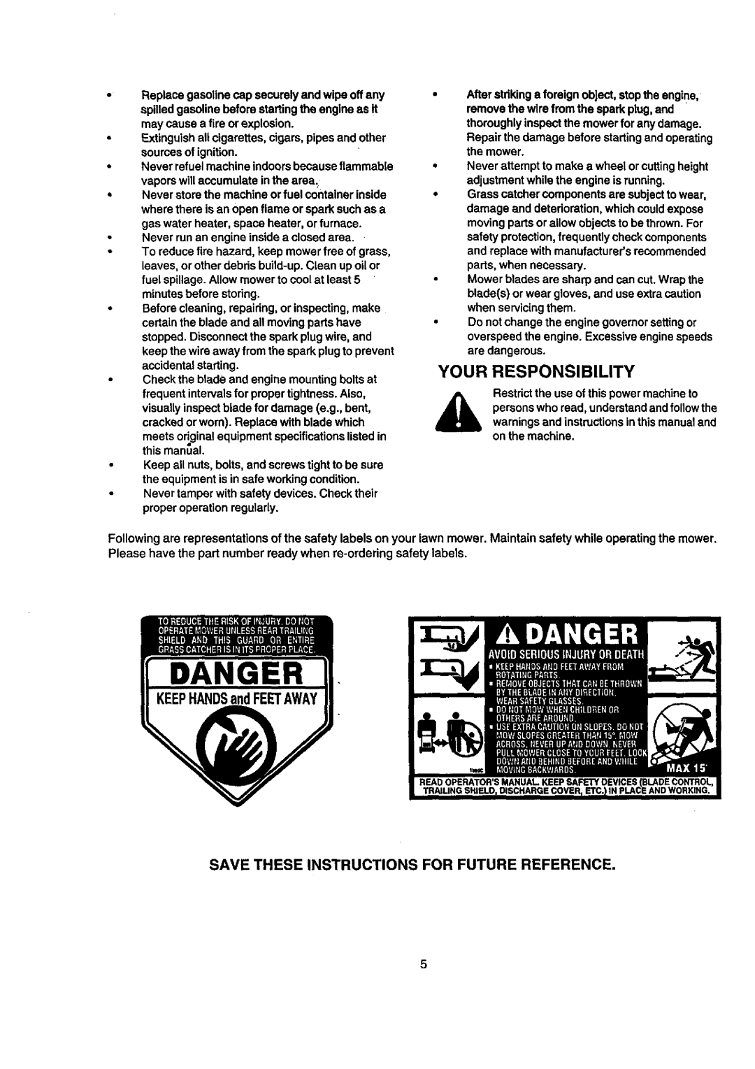 Craftsman 247.388240 owner manual Danger, Your Responsibility, Save These Instructions For Future Reference 