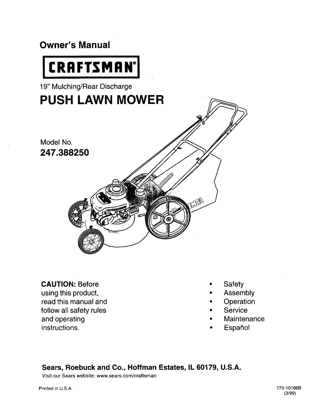 Craftsman 247.388250 owner manual Push Lawn Mower, Sears, Roebuck and Co., Hoffman Estates, IL 60179, U.S.A 