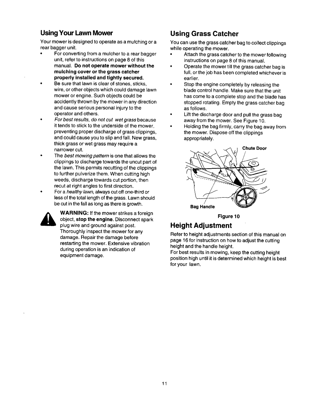 Craftsman 247.388250 owner manual Using Grass Catcher, Height Adjustment, Chute Door Beg Handle 