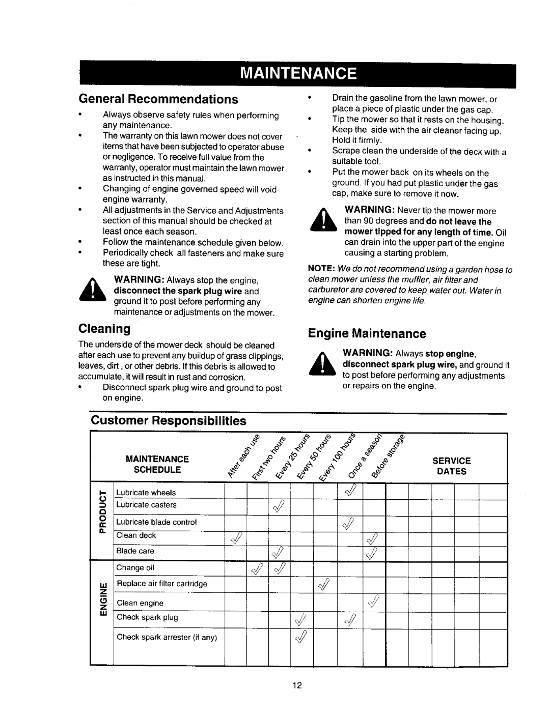 Craftsman 247.388250 owner manual General Recommendations, Cleaning, Engine Maintenance Customer Responsibilities 