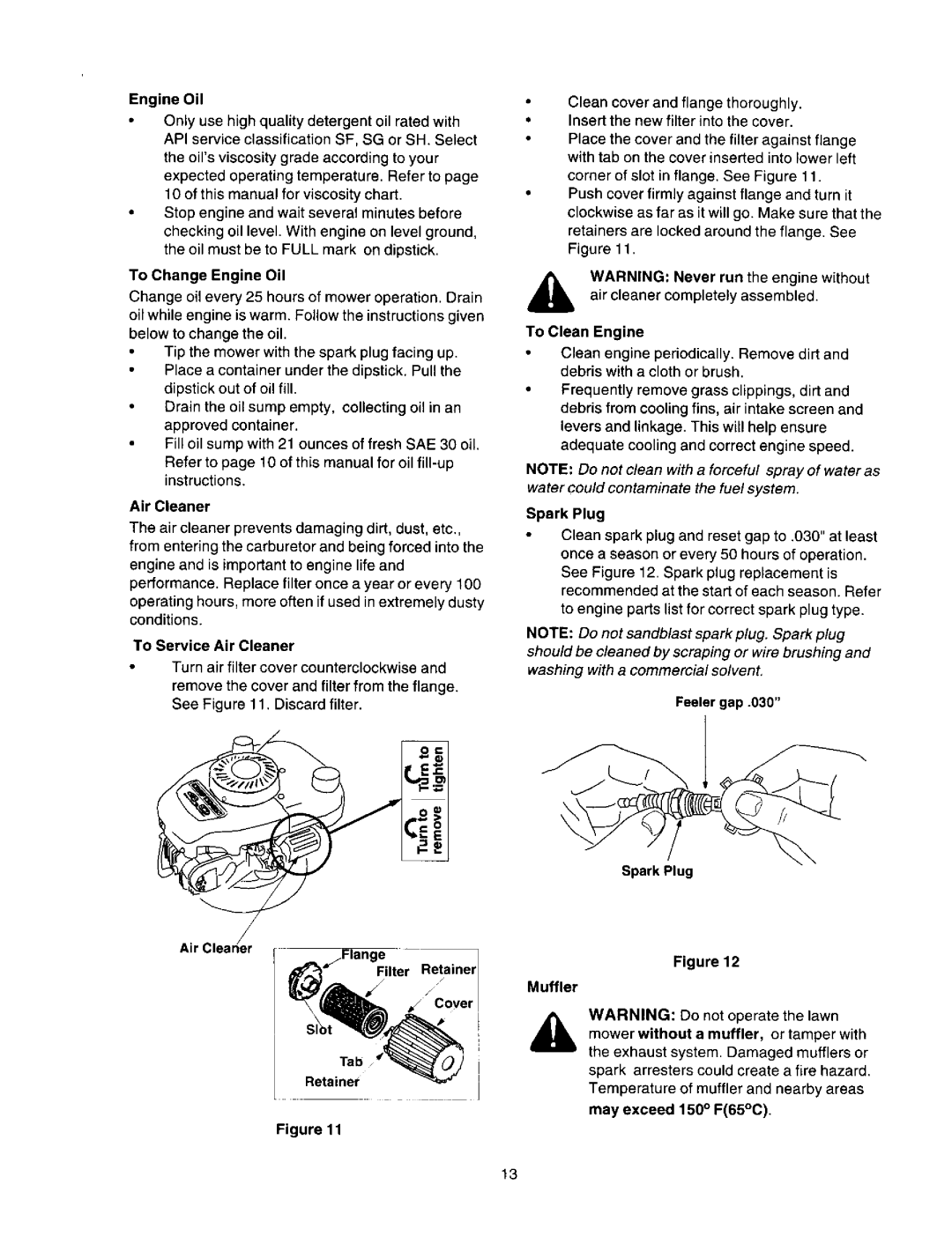 Craftsman 247.388250 owner manual To Change Engine Oil, To Service Air Cleaner, Muffler 