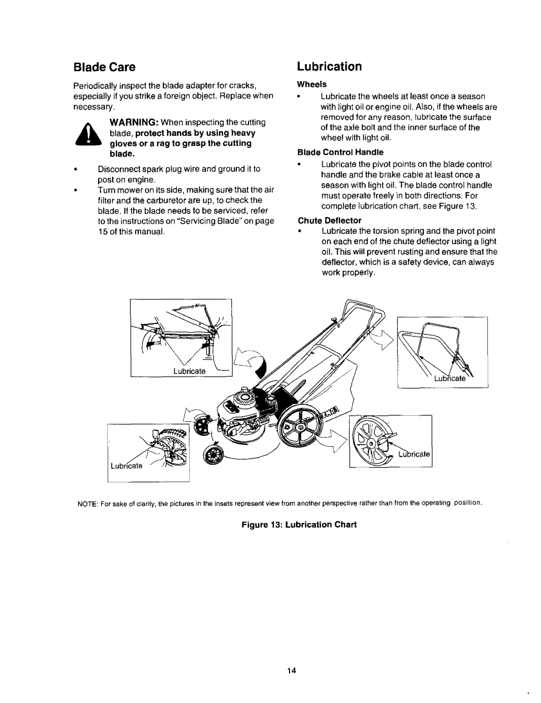 Craftsman 247.388250 owner manual Blade Care, Lubrication, Gloves or a rag to grasp the cutting blade, Chute Deflector 